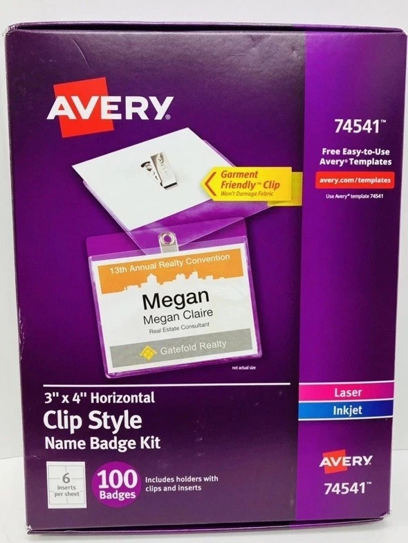 Avery 74541 Clip Name Badges – 100 Qty with White Inserts