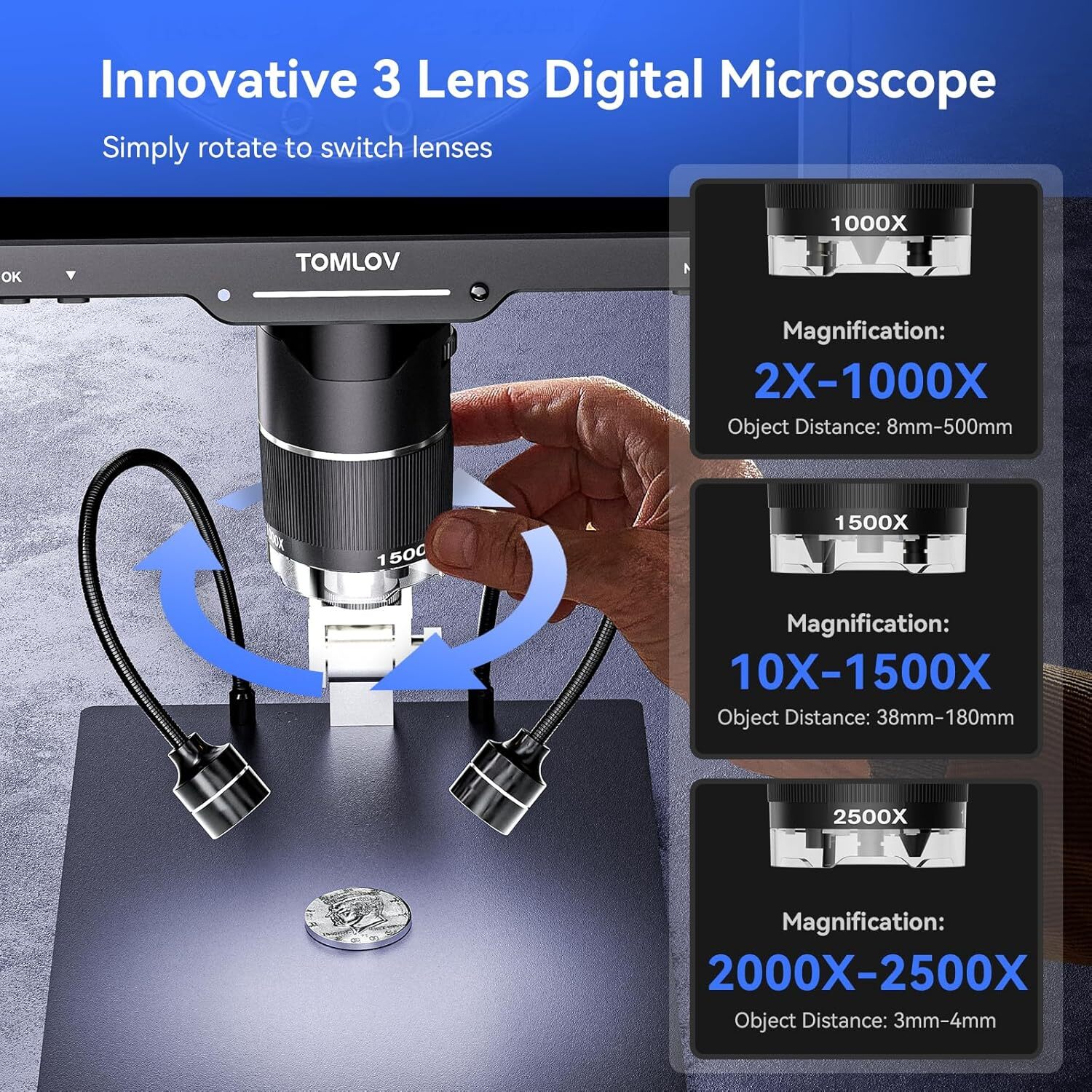 TOMLOV 10″ 3 Lens 2K HDMI Digital Microscope 2500X Soldering Microscope fr PC/TV
