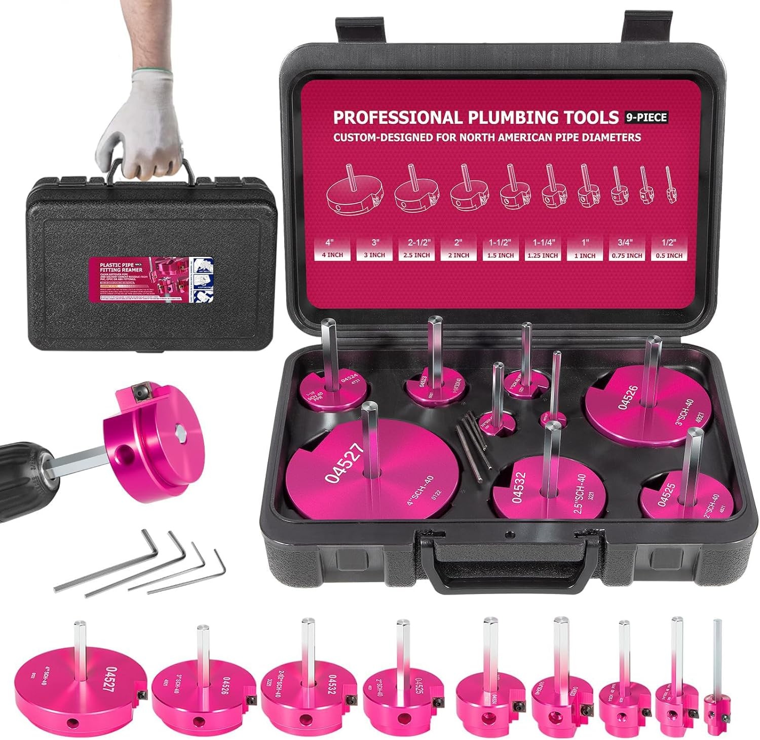 9PCS PVC Pipe Reamer Kit for Standard 1/2″ Drills, Fits 1/2″ to 4″ Pipes