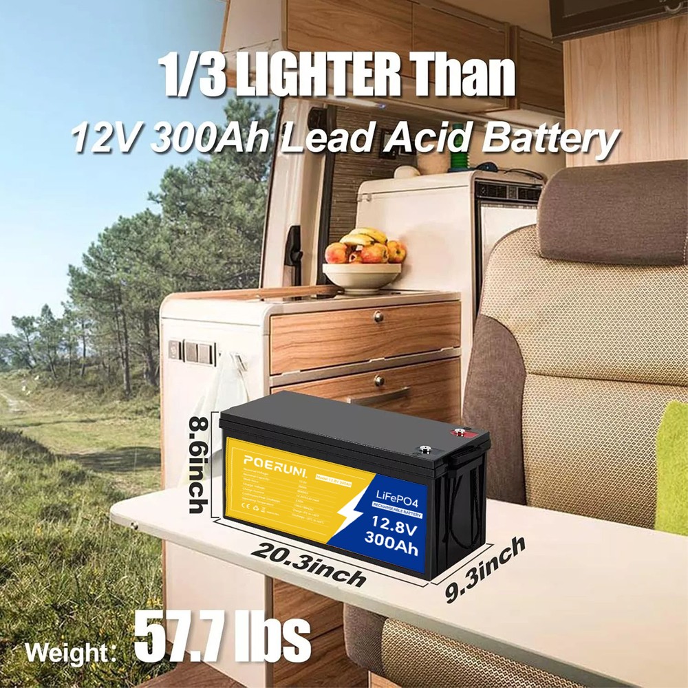 POERUNI 12V 300Ah LiFePO4 Battery 4000+ Deep Cycles 3840Wh 200A BMS for RV Solar