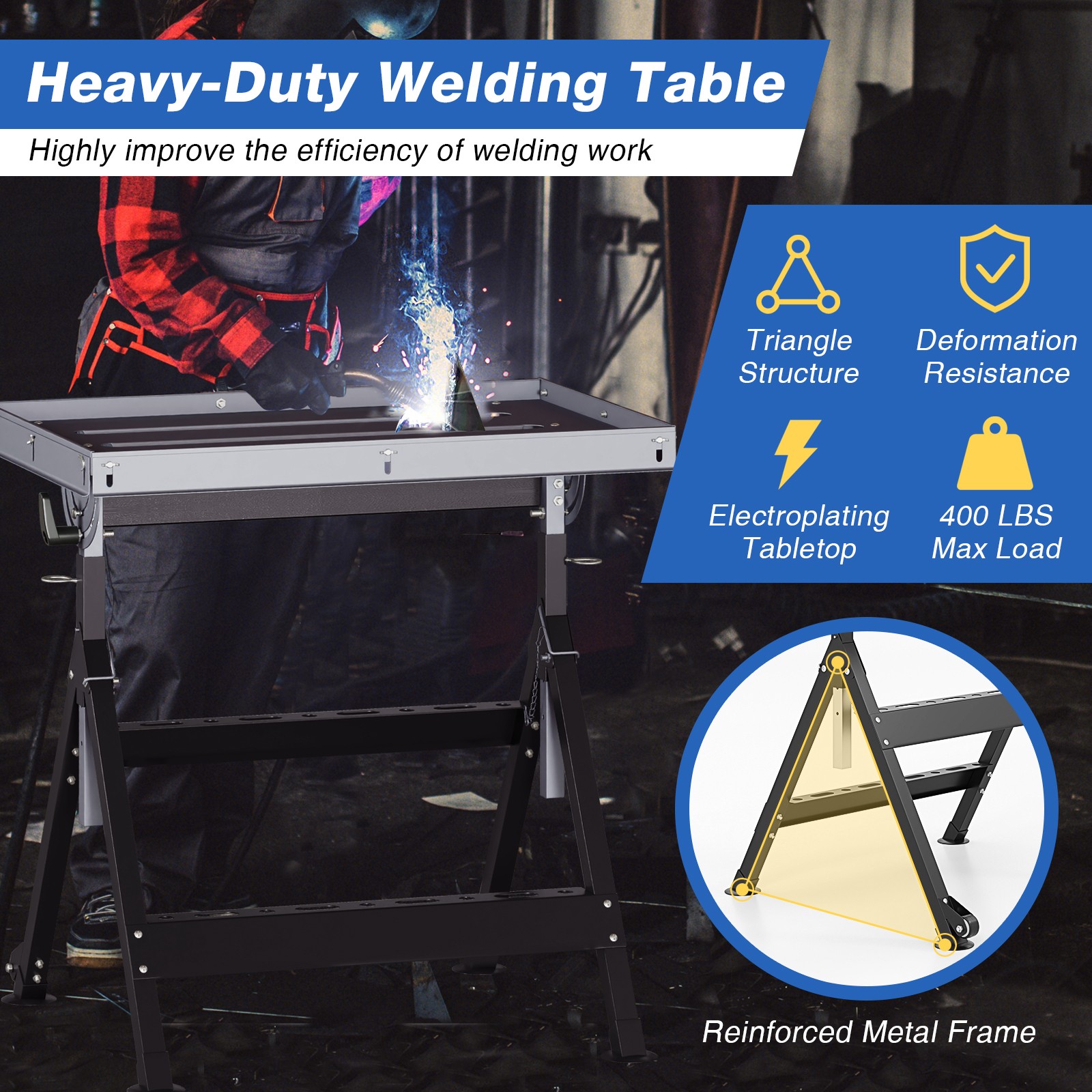 Folding Welding Table w/Tabletop 2 Fixed Wheels 4-Level Height 5 Tilting Angles
