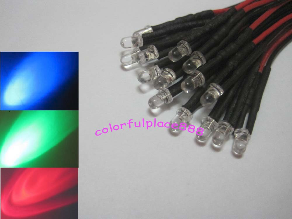 100pcs 3mm RGB Fast Flash Colorful Red Green Blue Pre-Wired LED Leds 9V 12V 20CM