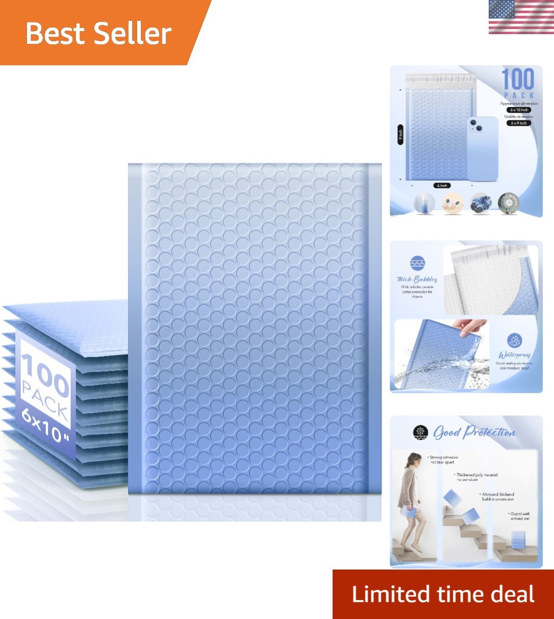 Lightweight Gradient Blue Bubble Mailers 100 Pack – Reliable Self-Seal Packaging