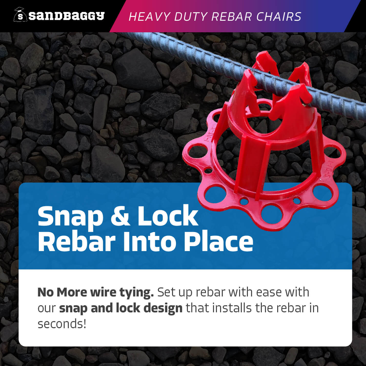 Sandbaggy Plastic Rebar Chair – Elevates Rebar 1 ½» or 2″ – Rebar #3 to #5 (Red)