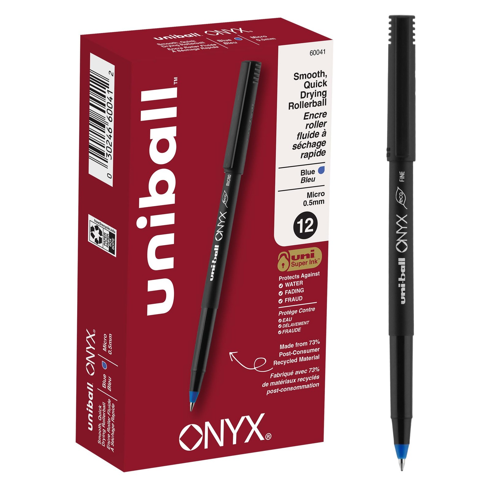 Uni-Ball® Onyx® Rollerball Pens, Micro Point, 0.5 mm, Black Barrel, Blue Ink,…