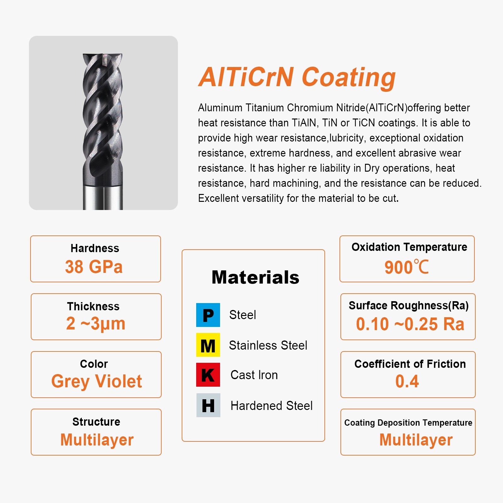 1 PCS 5/8″ 4 Flutes Square 45° Helix Carbide End Mill Bits AlTiCrN Coated HRC 50