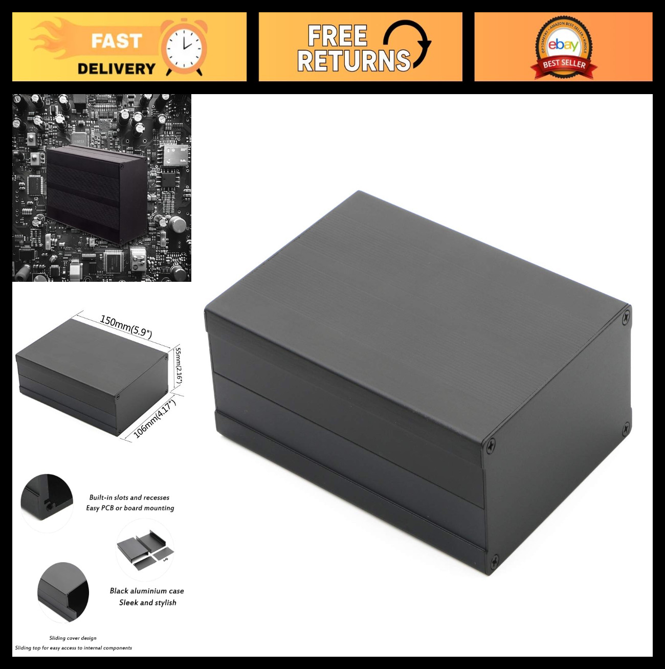 Aluminum Project Box Enclosure Case for DIY Audio Amplifier & Power Supply, 4.17