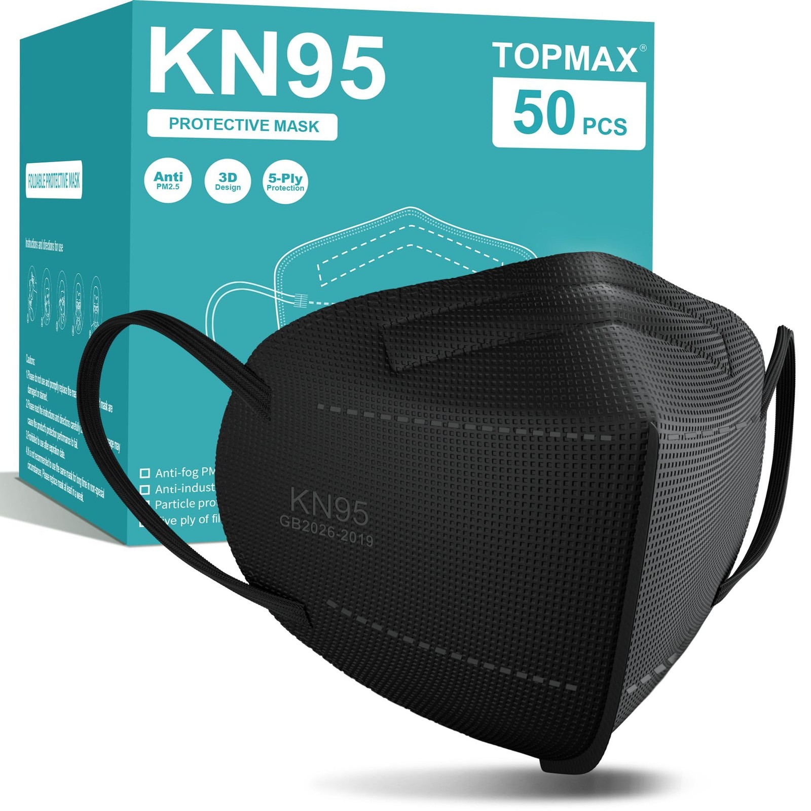 TOPMAX KN95 Face Masks 50 Pack 1 Count (Pack of 50), Adult 50-pack Black