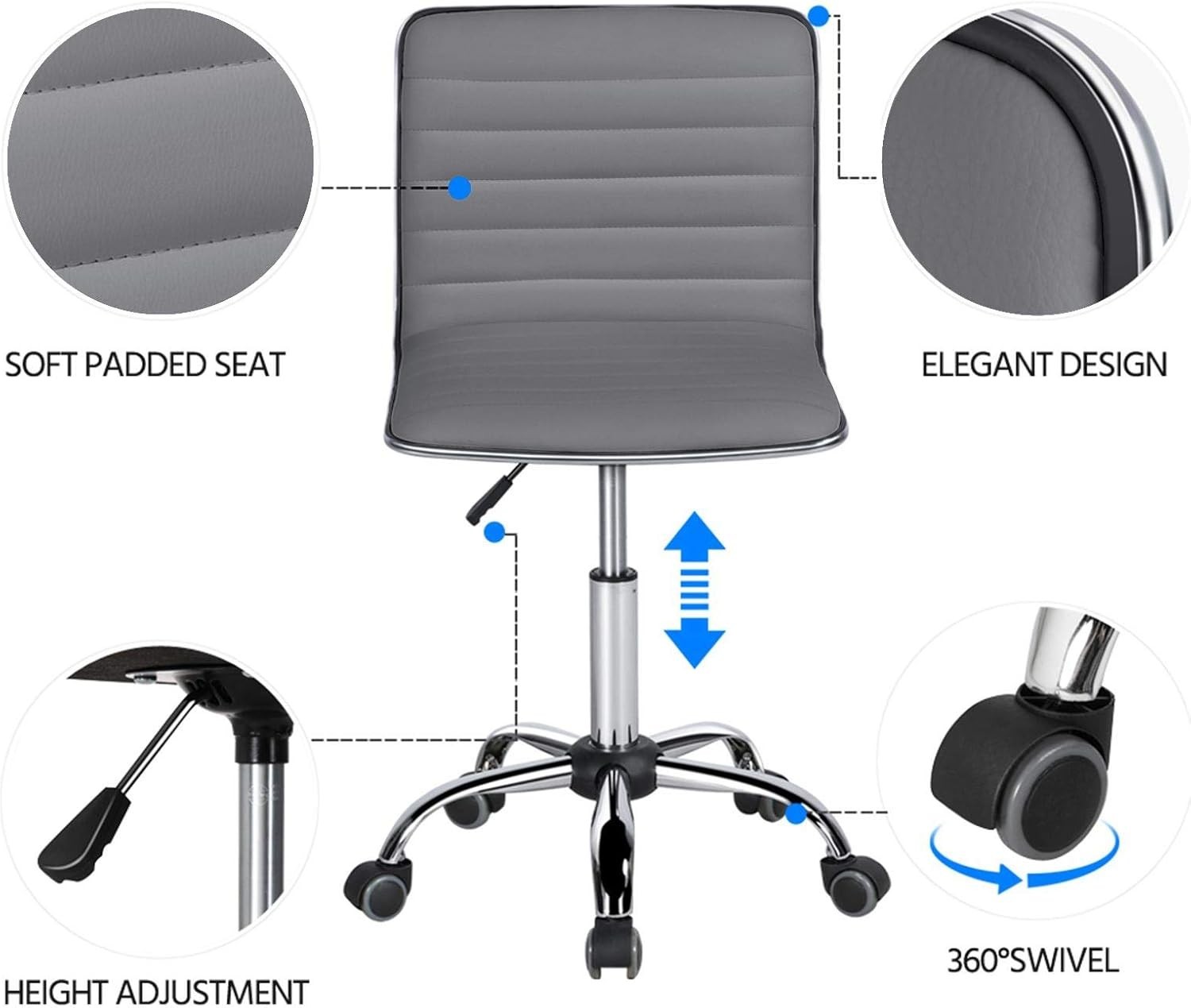 PU Leather Ribbed Armless Task Office Chair Adjustable Low Back Executive Chair