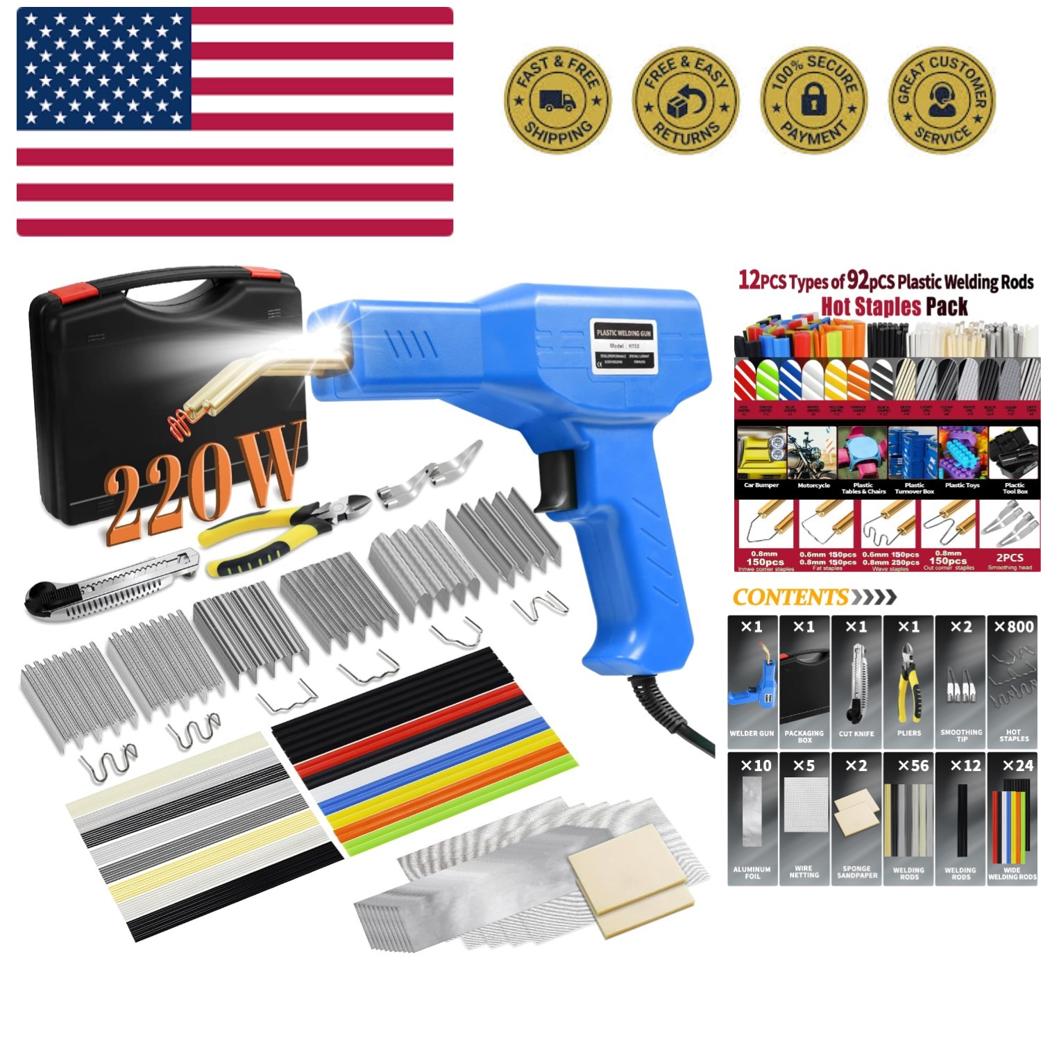220W Plastic Welder Kit for Quick Car Bumper Repair – 1000 Hot Staples Included