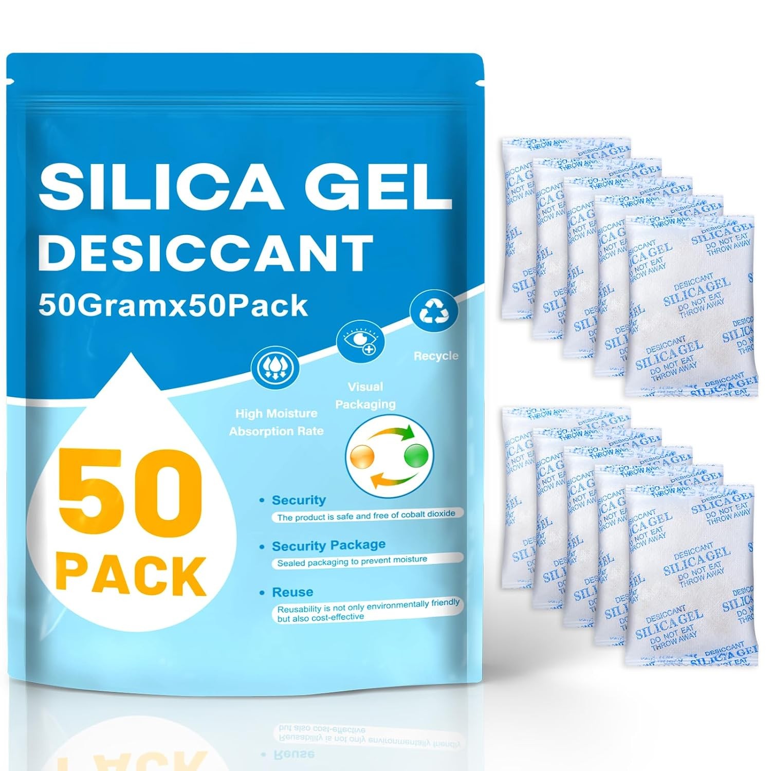 VOISEN 50 Gram 50 Pcs Color-Indicating Silica Gel Packets, Premium Food Grade De