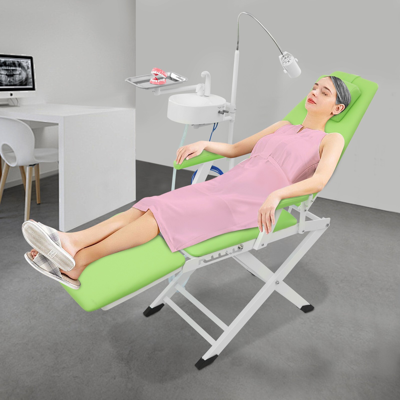 Portable Dental Chair Mobile Folding Chair Exam Chair w/LED Light Spittoon+Tray