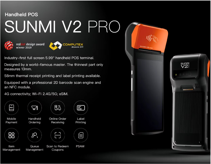 Sunmi V2 PRO T5921 Wireless Mobile POS Terminal 2GB/16GB NFC 2D Scanner 58mm