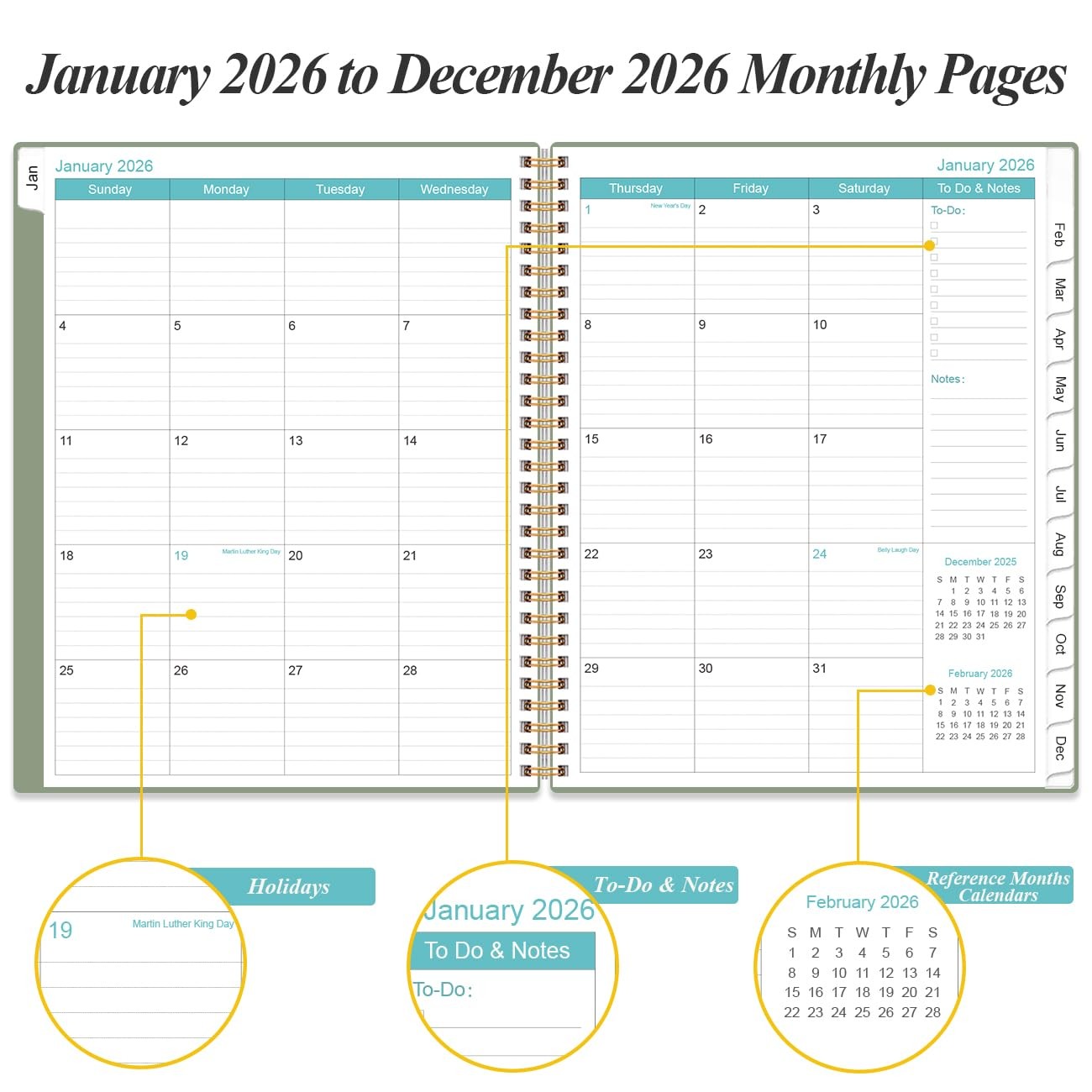 2026 Planner – Weekly Monthly 2026 from January 2026 to A4, Green