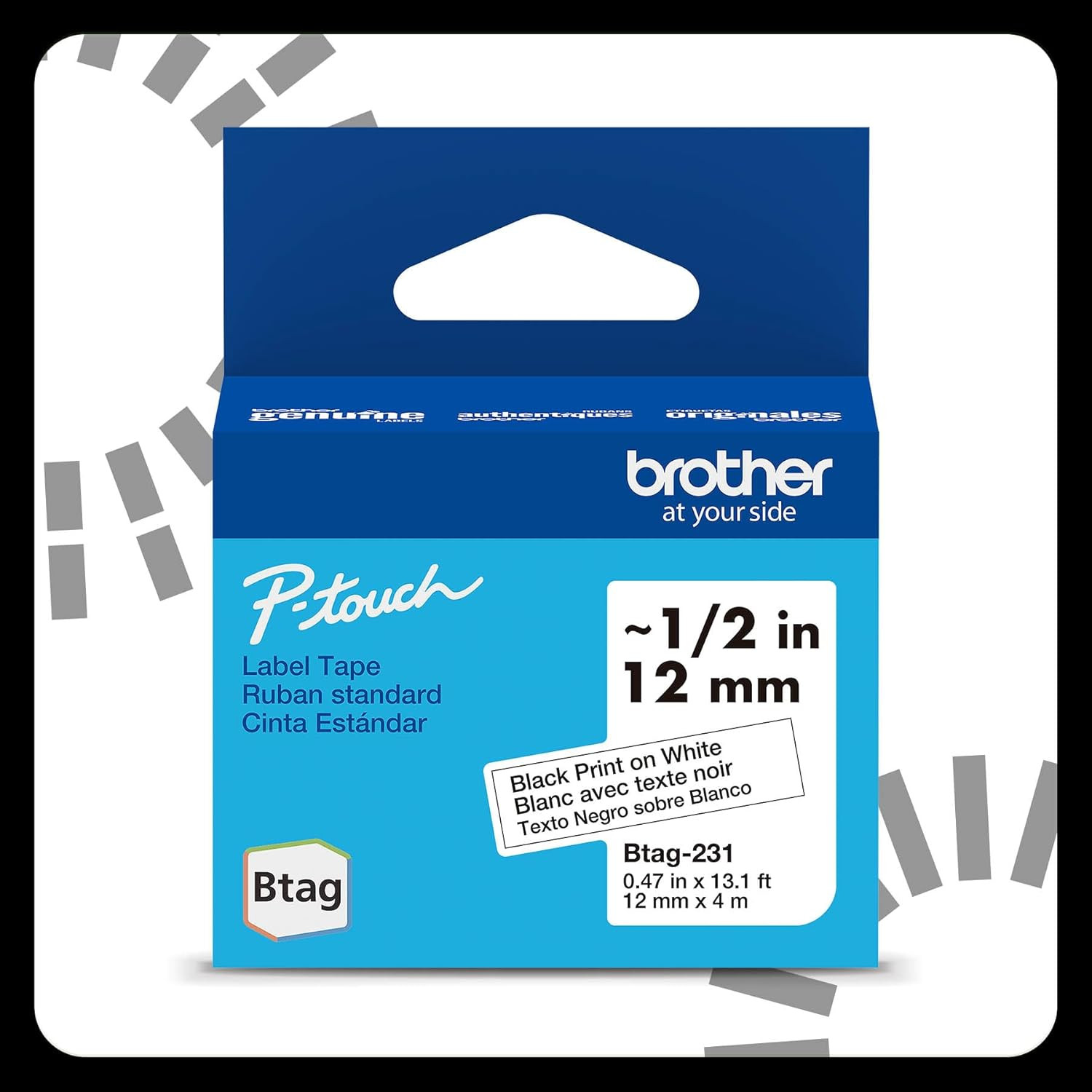 Brother Genuine P-Touch Btag BTAG231 Black on White Label Tape ~1/2In by 13.1Ft