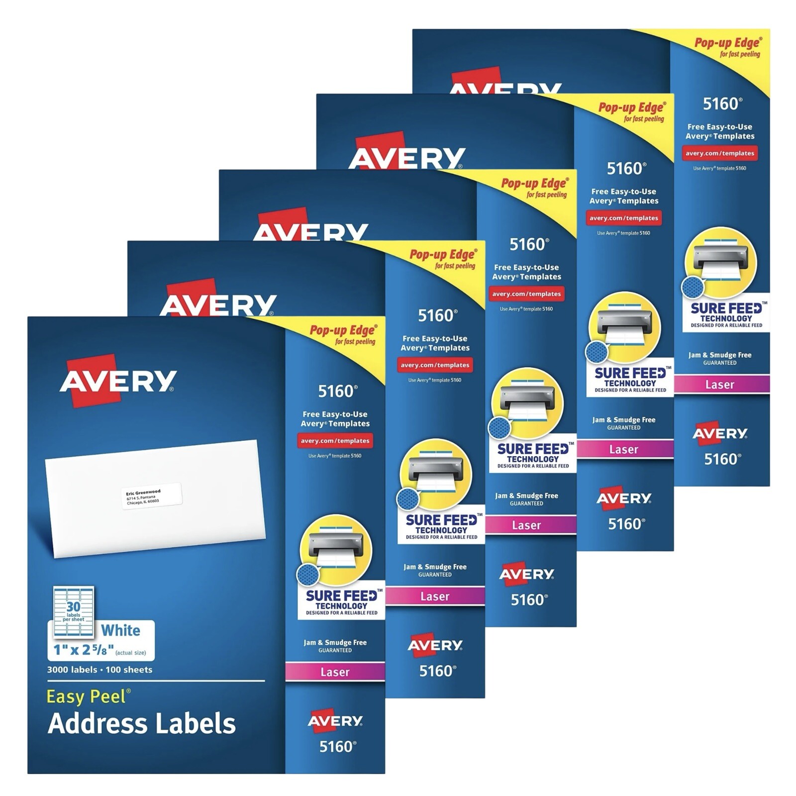 5 Pack Avery Easy Peel Address Labels Laser 1 x 2 5/8 White 5160 15000 Labels