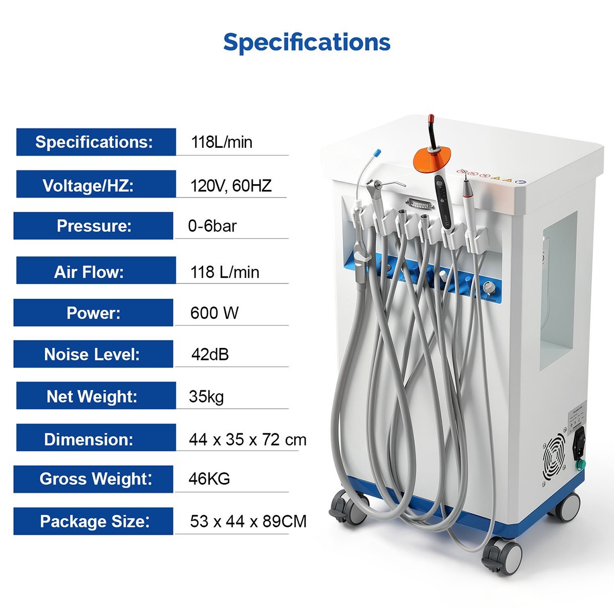 Portable Dental Delivery Unit with Compressor Curing Light Scaler /Surgical Lamp