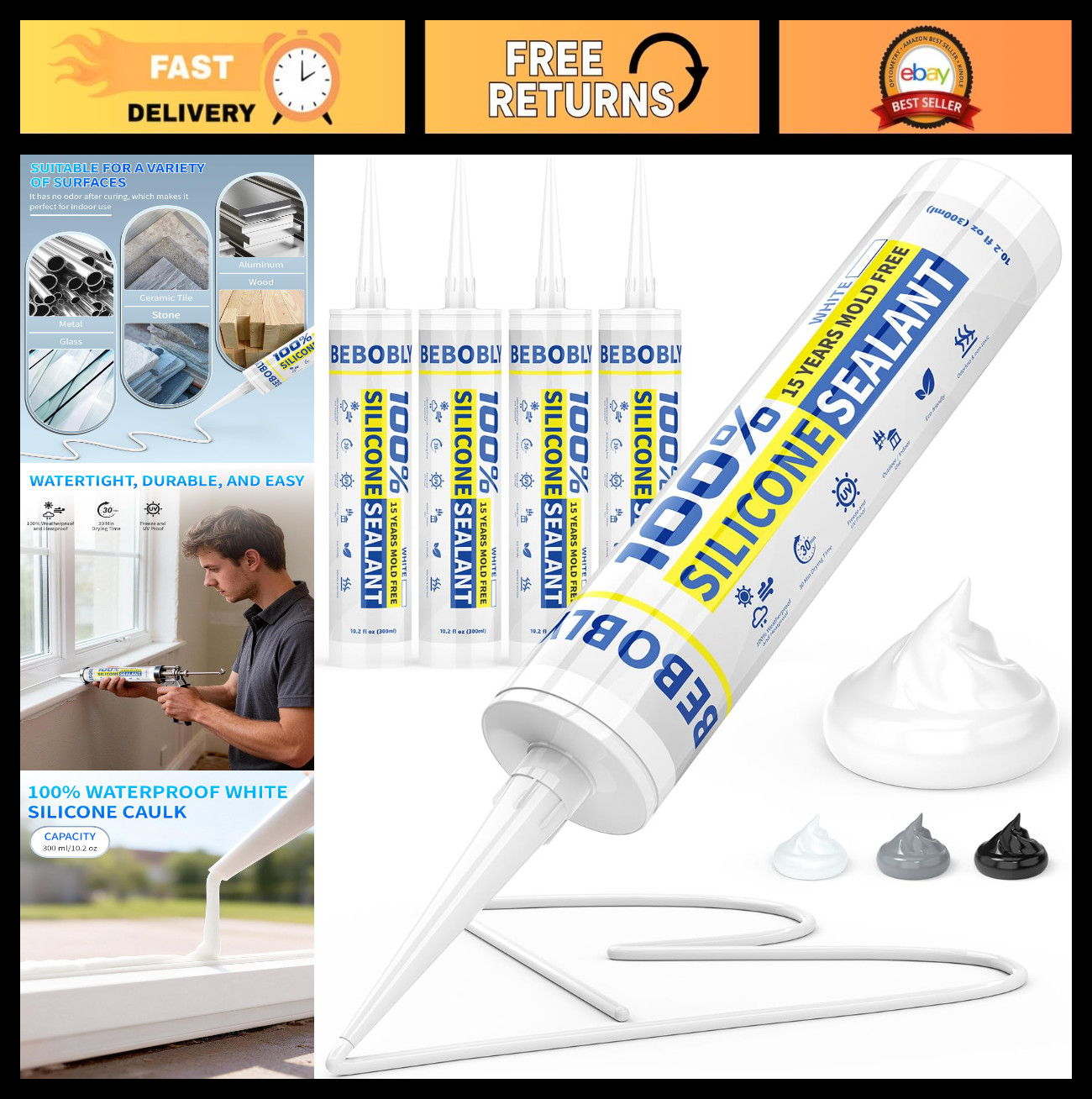 100% Waterproof White Silicone Caulk & Sealant, Shrink & Crack Proof, 10.2 FL OZ