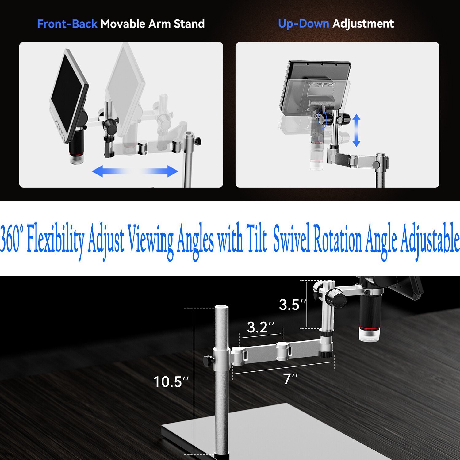 TOMLOV 4K LCD Digital Microscope 2000X Coin Microscope 10.1» HDMI 52MP Spin Arm