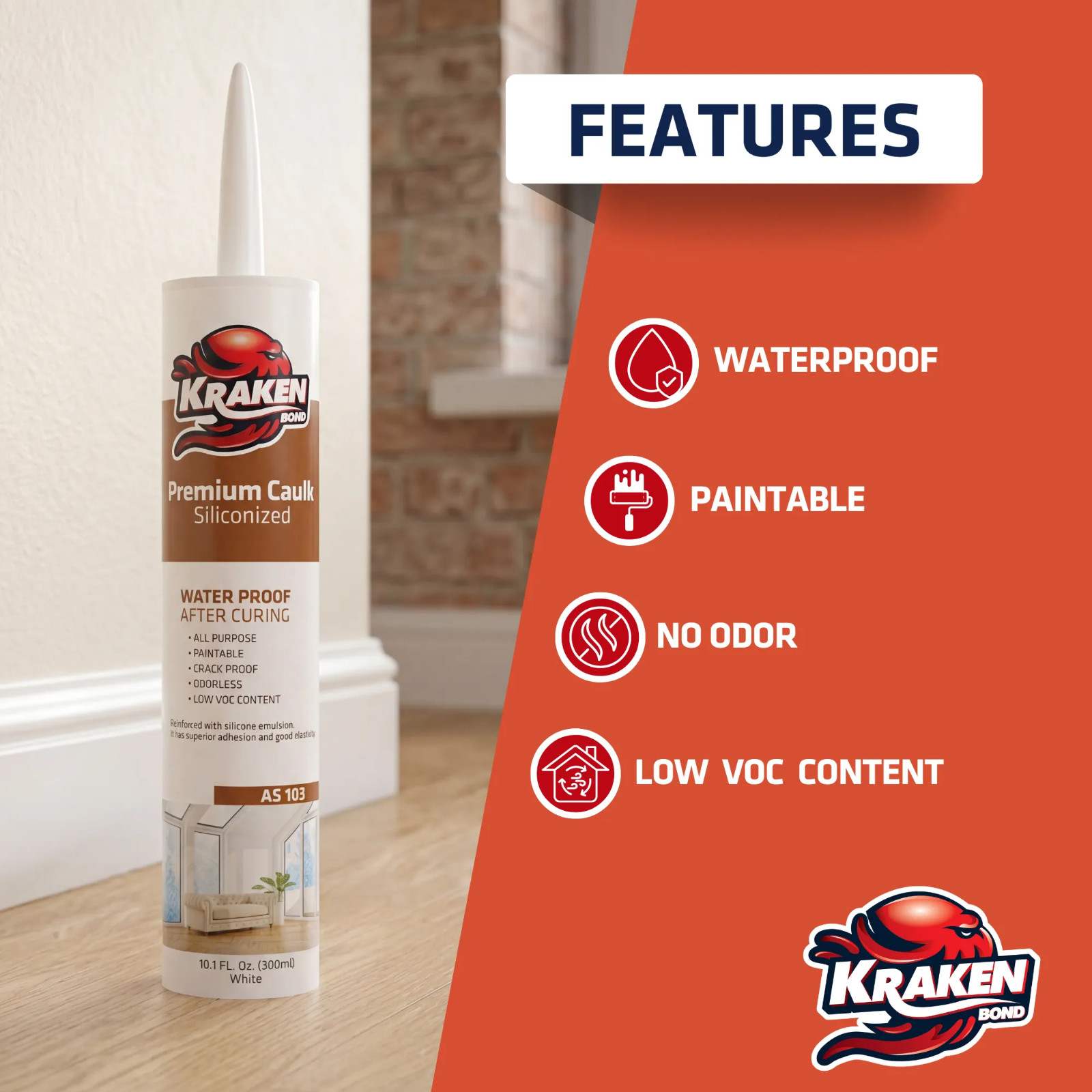 Kraken Bond Paintable Caulk White ( 24×10.1 fl. oz.) 24 Pack