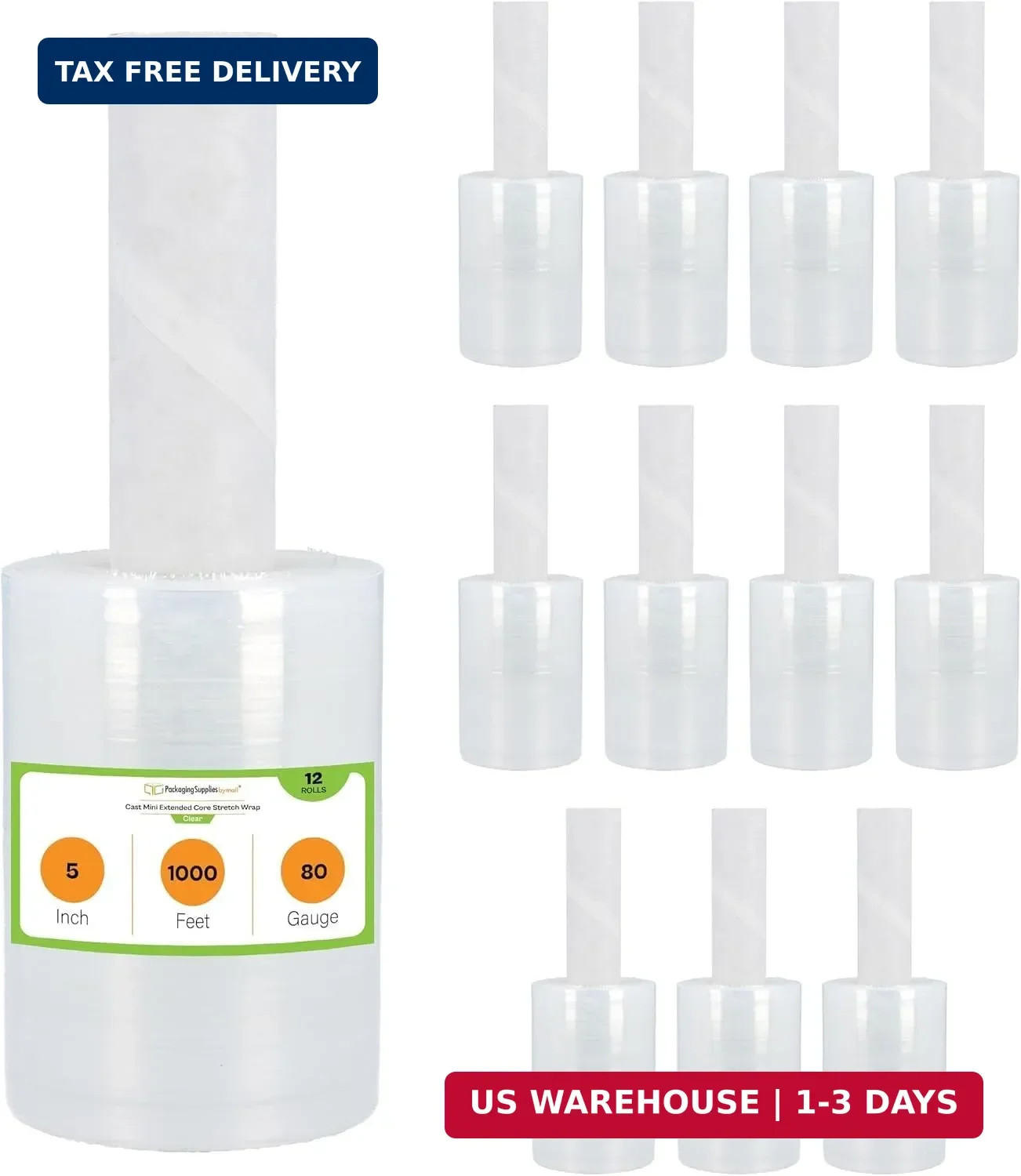 PSBM Mini Stretch Wrap with Extended Core Handles, 12 Rolls 5 Inch x 1000 Feet 8