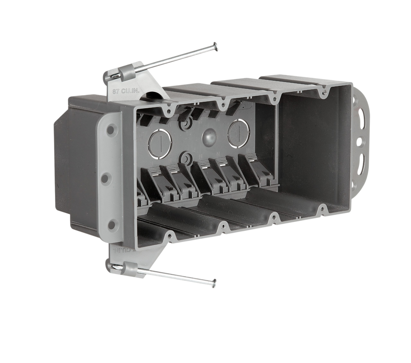 4-Gang Nail-On Electrical Box w/ Bracket, 87 Cu In, ETL Certified, Gray