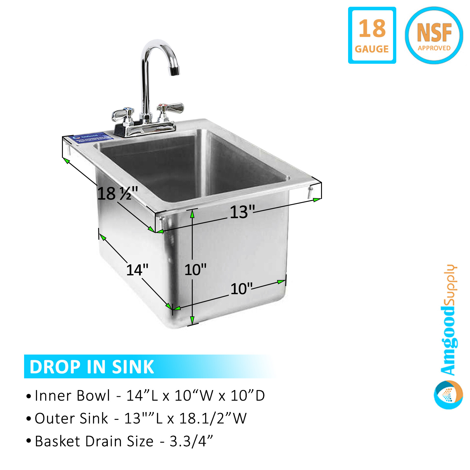 1 Compartment Stainles Steel Drop Sink | 10″x14″x10″ NSF | Kitchen ()