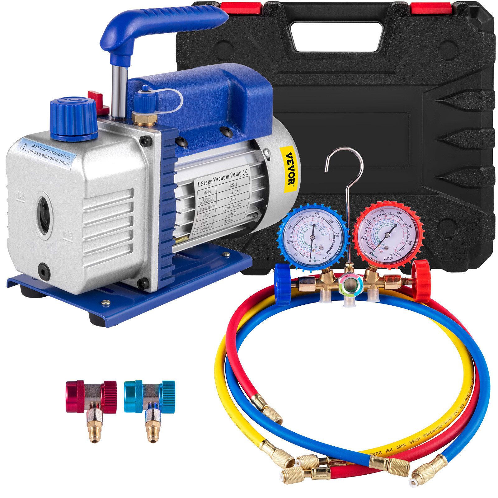 VEVOR 3 CFM Air Vacuum Pump HVAC Manifold Gauge Set AC A/C Refrigeration Kit