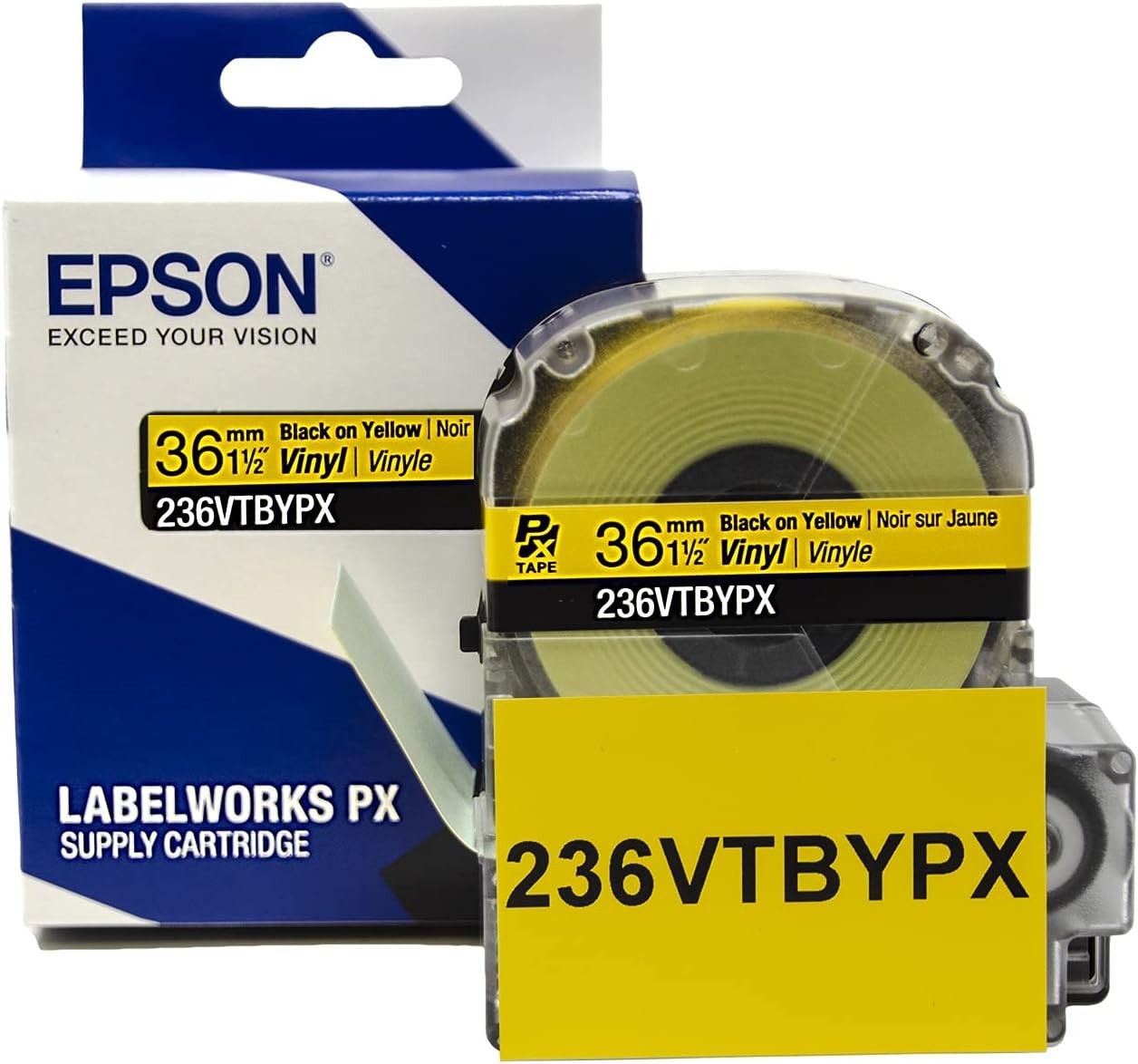 Epson LABELWORKS 236VTBYPX Black on Yellow 1 1/2″ (36mm) Vinyl Label Tape