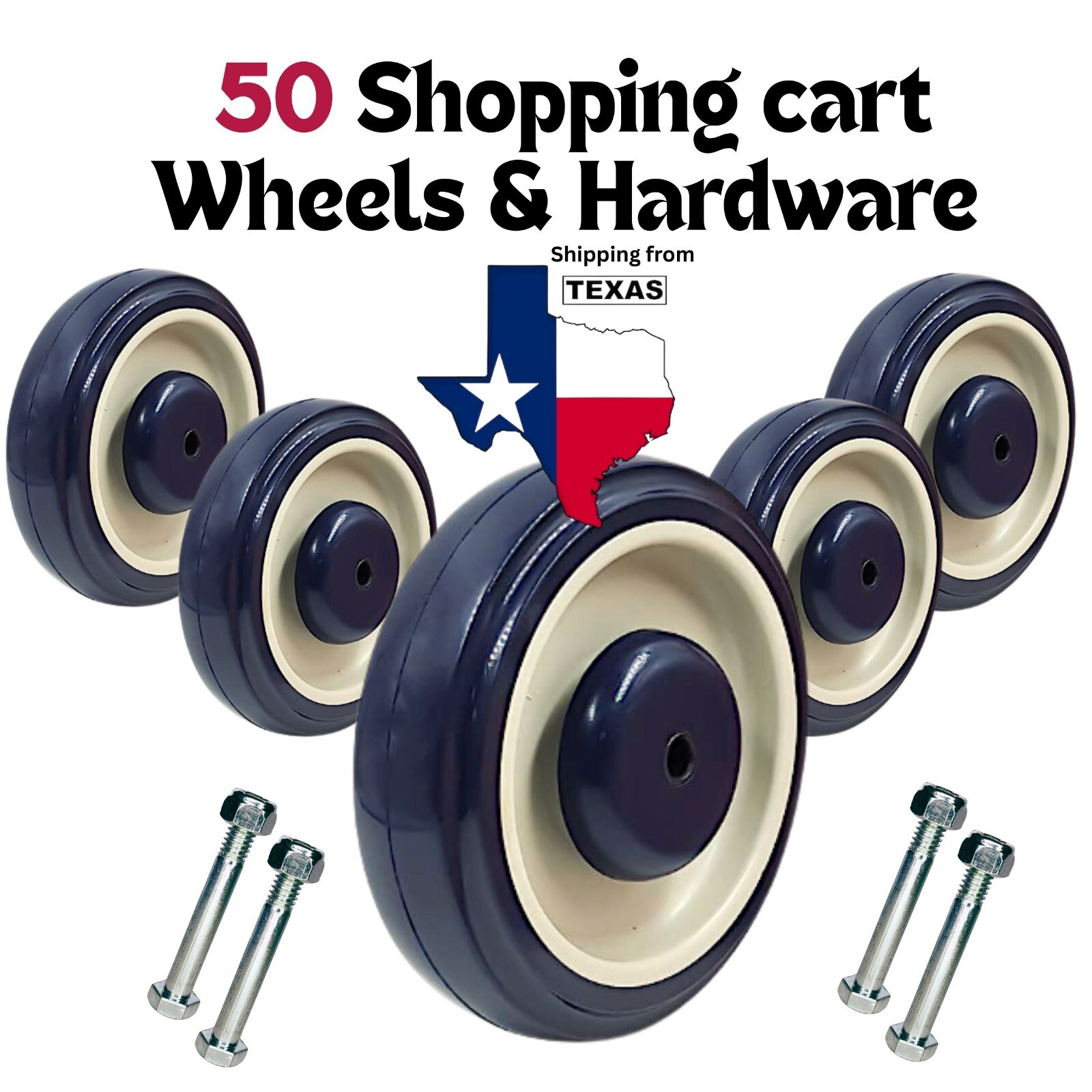 Box with 50 pcs 5″ Diameter wheels for Shopping Cart Nuts and Bolts included
