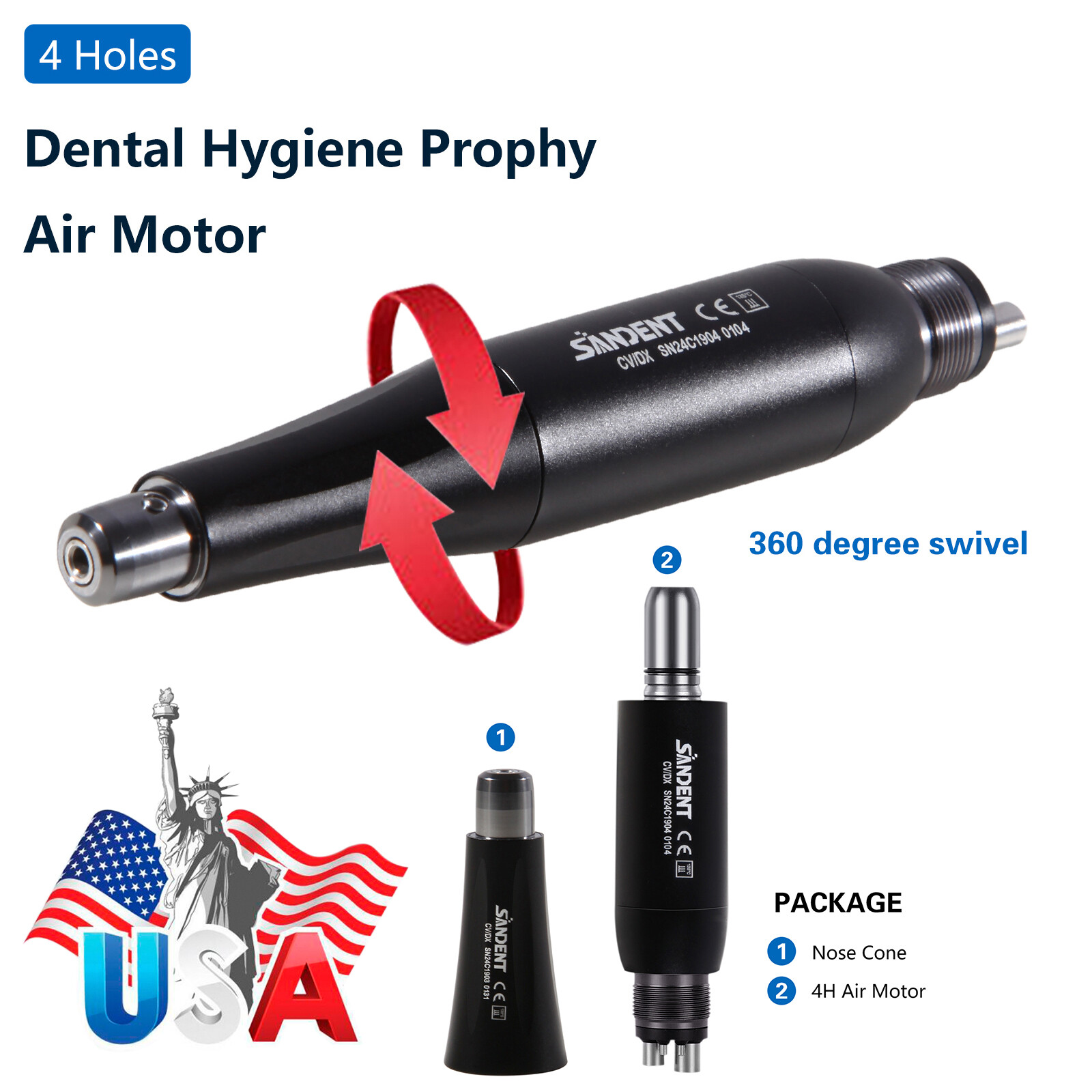 SANDENT 4:1 Reduction Hygiene Prophy Handpiece Air Motor 4Holes & Nose Cone
