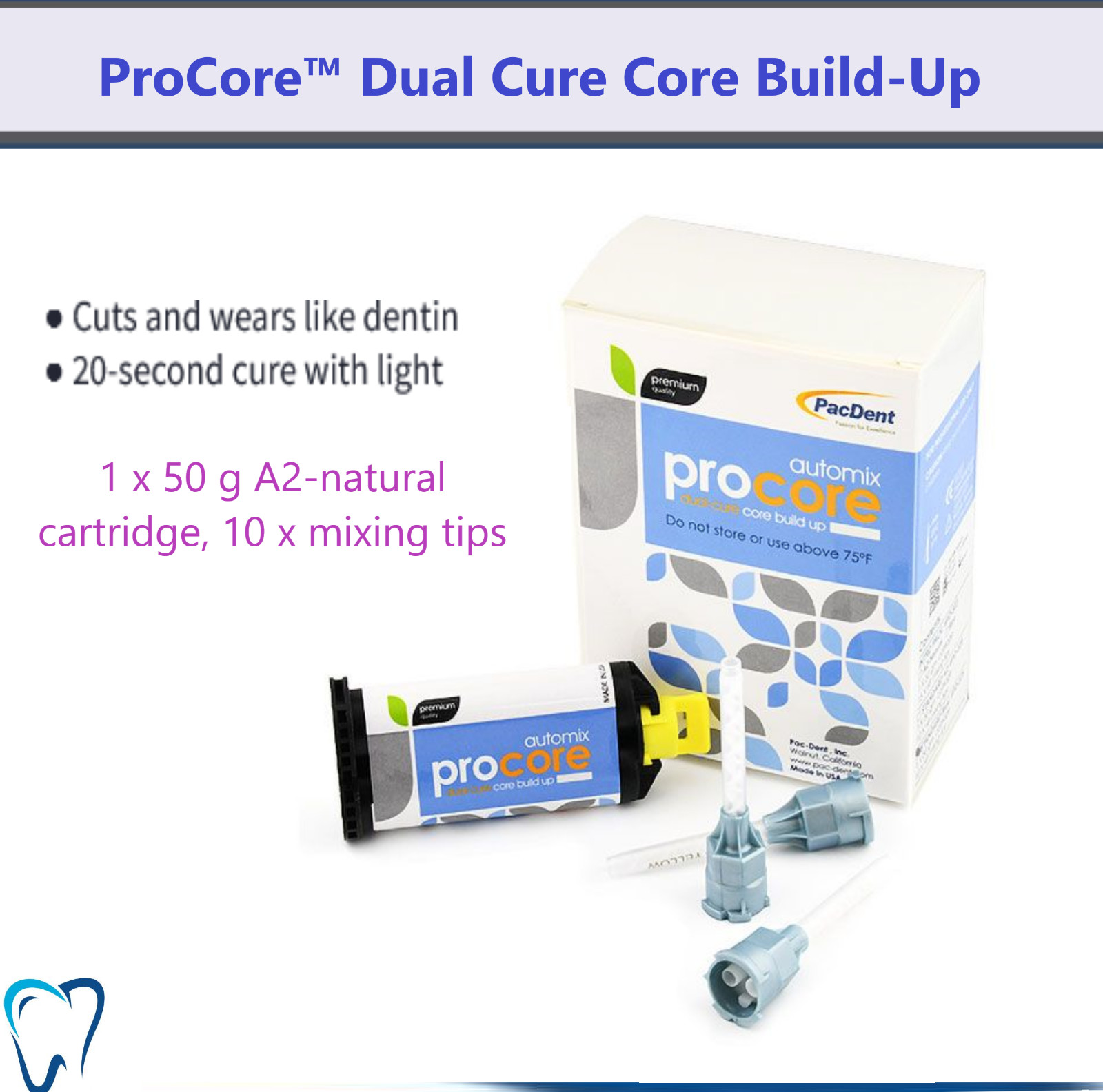 Dental Core Material PacDent Core Buildup ProCore A2, 1 x 50ml & 10 HP Mix Tips