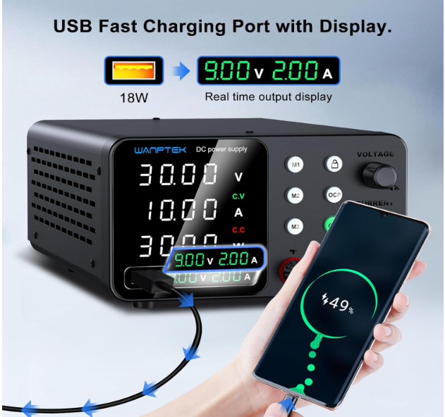 Fuente de alimentación DC 30V 10A con memoria, protección OCP y carga USB. Nuevo