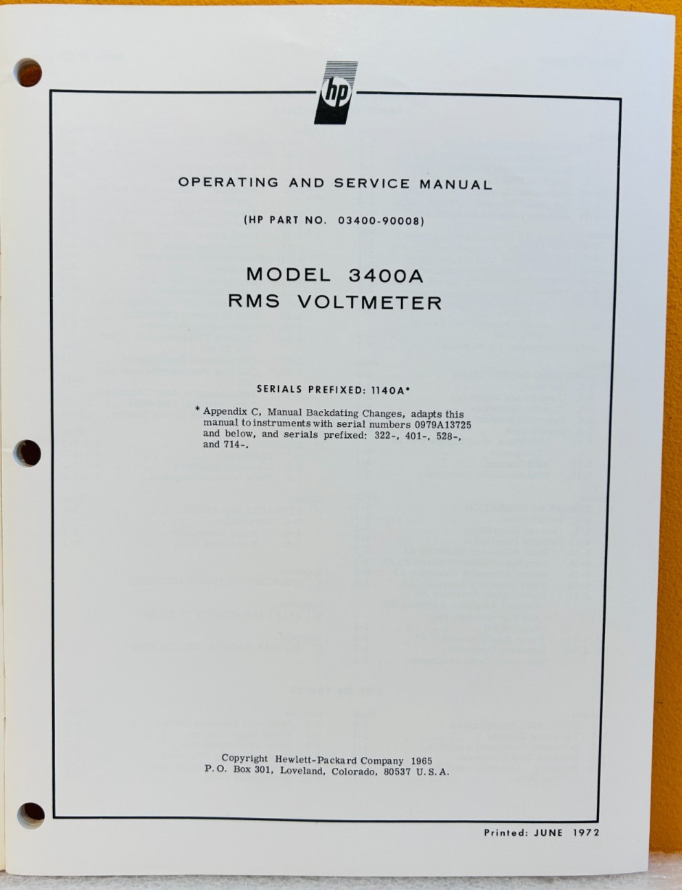 HP 03400-90008 Model 3400A RMS Voltmeter Operating & Service Manual.