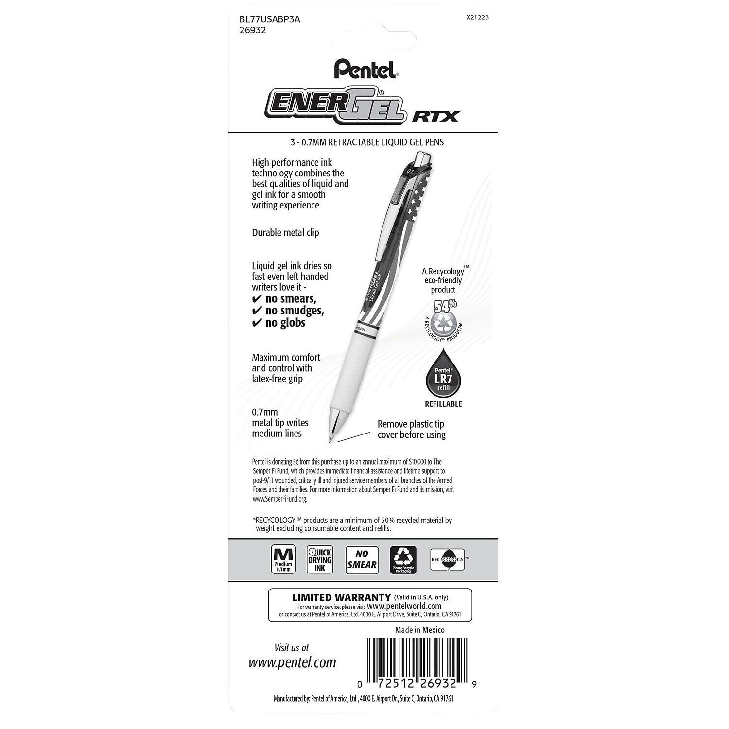 Pentel EnerGel RTX 0.7 STARS STRIPES 3 BLACK LIQUID GEL PEN SEMPER FI MARINE👍3