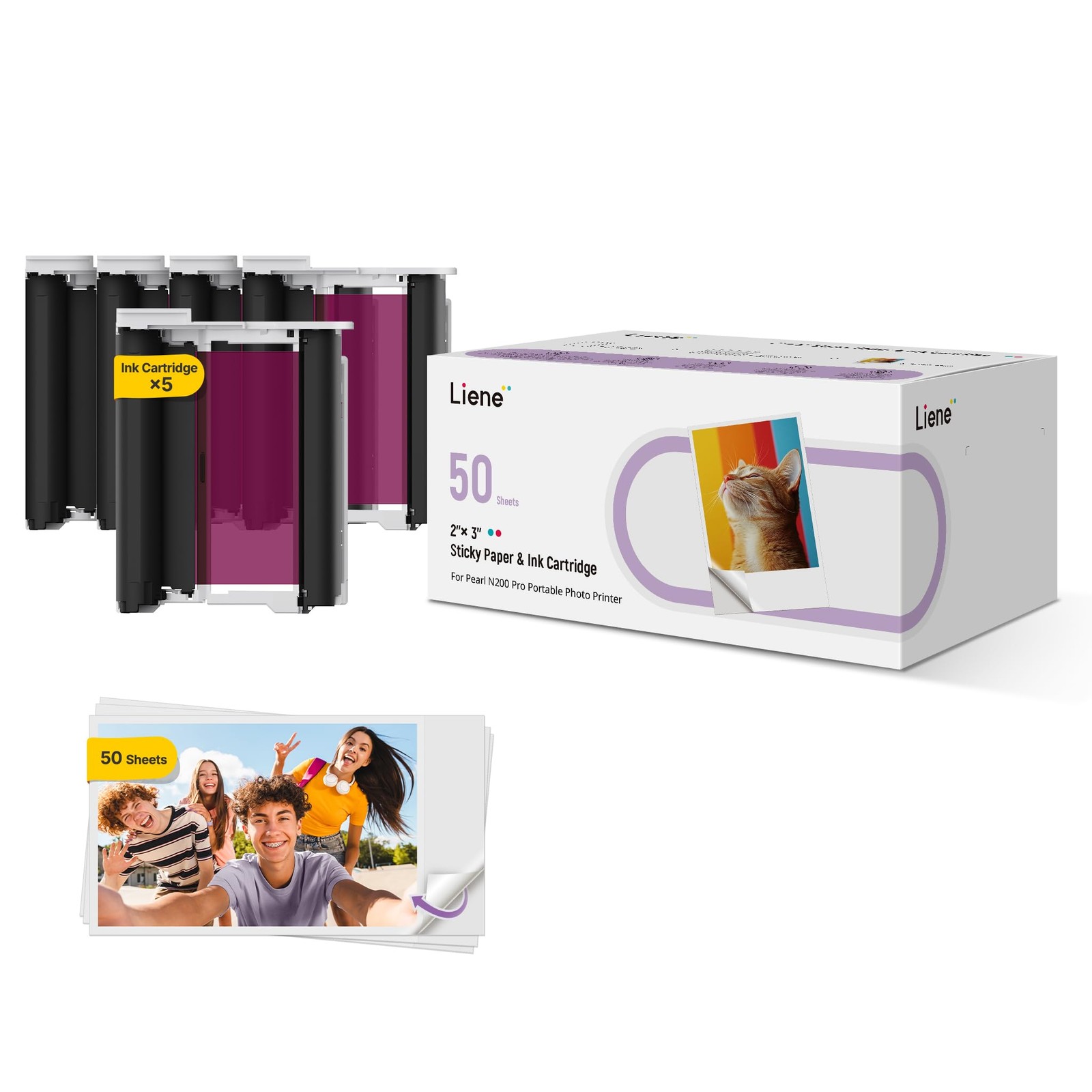 Liene Pearl N200 Pro Portable Photo Printer Paper 50 2×3 inches, white