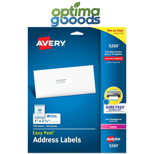 Avery Easy Peel Printable Address Labels w/ Sure Feed, 1″x2-5/8″, White, 750ct