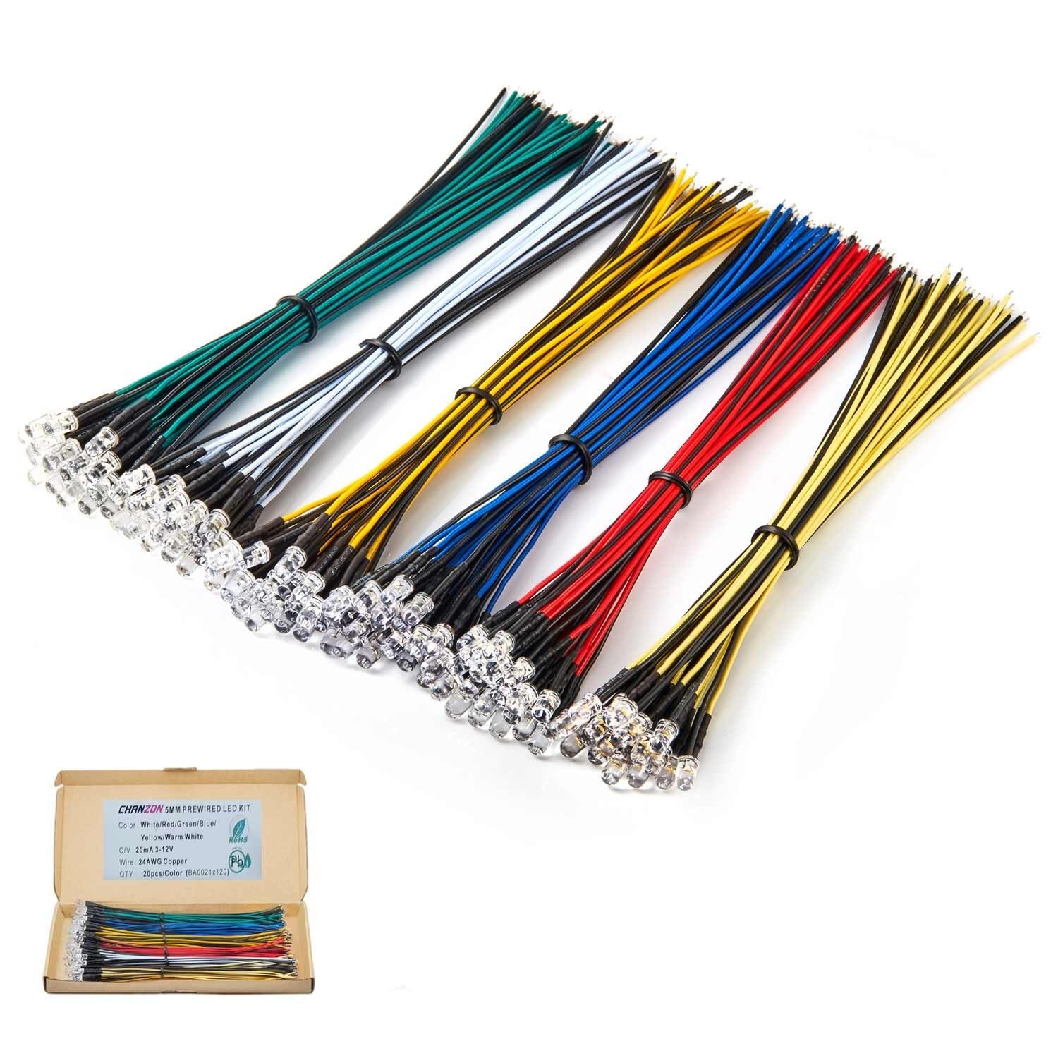 120pcs 12V 5mm LED Diodes Assorted Kit – 6 Colors, Pre-Wired, Round Lens