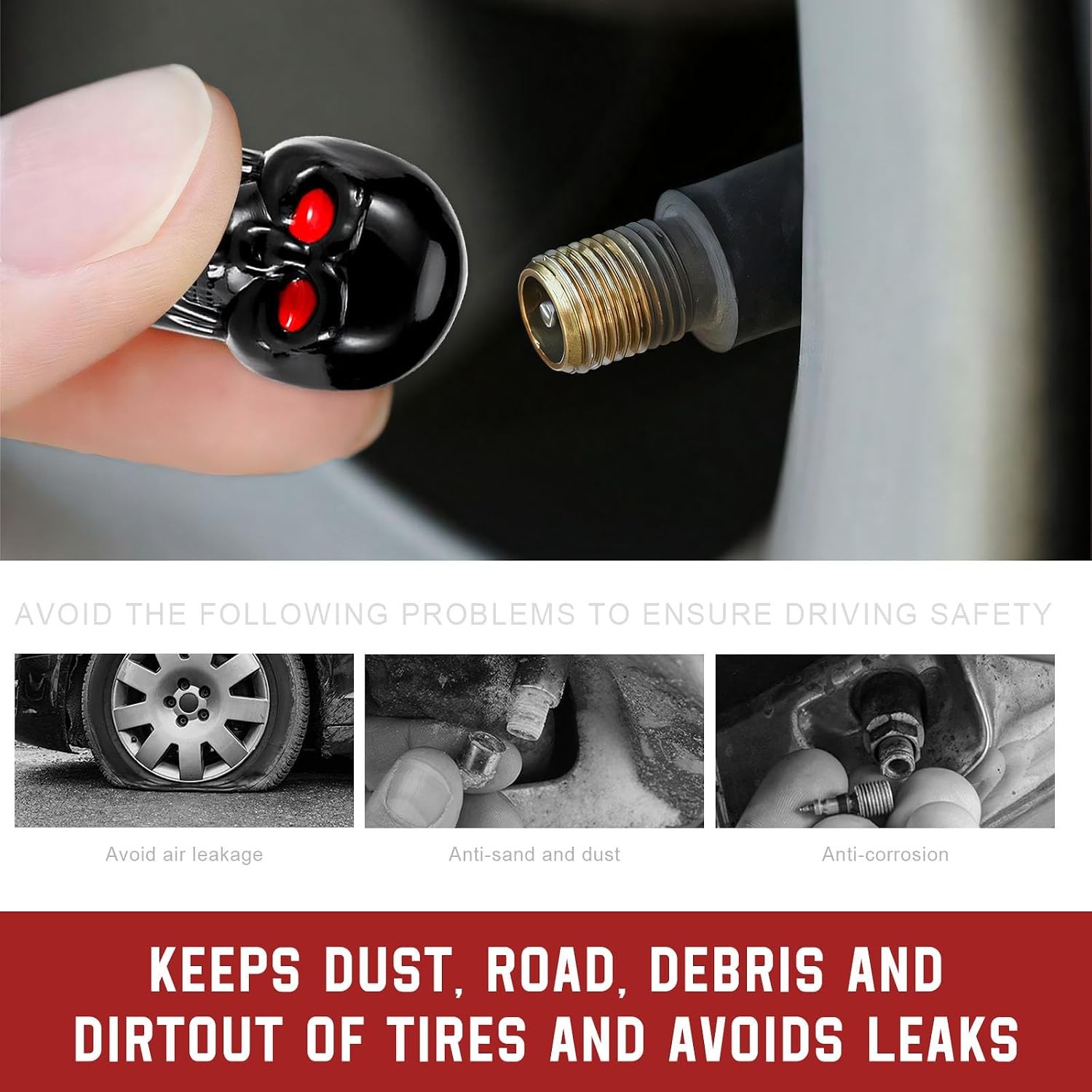 4 PCS Skull Style Tire Valve Stem Caps, Antirust Copper Core Auto Tire Stem Cove