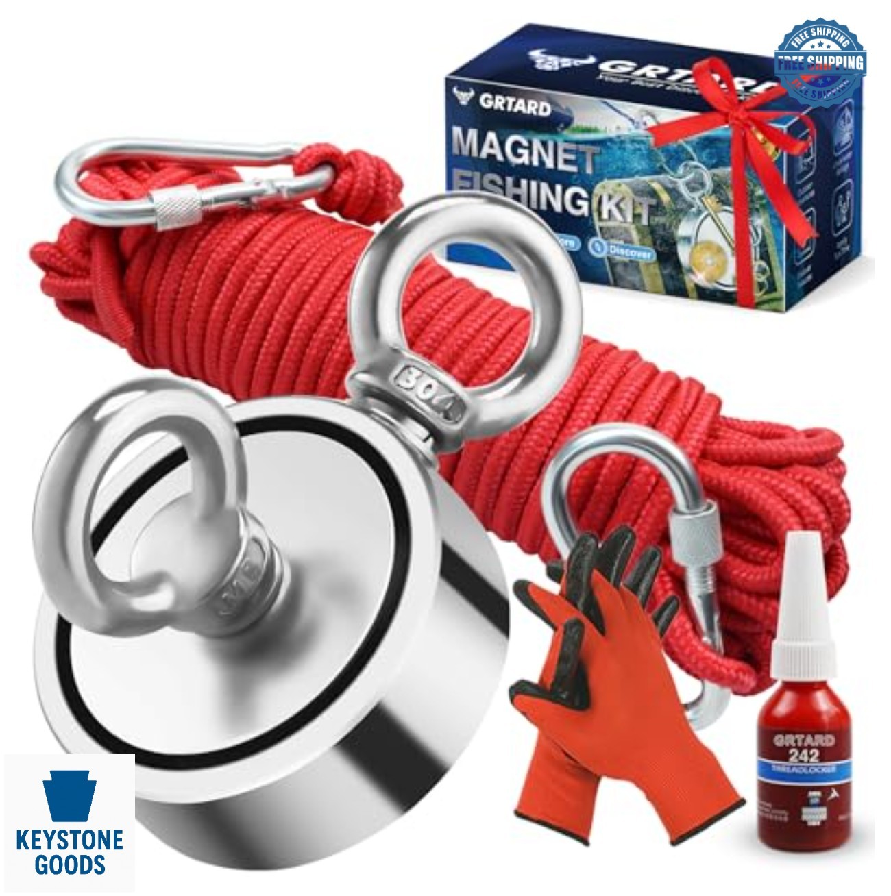 1000 LB Magnet Fishing Kit Double Sided Neodymium with 65 Ft Rope Gloves Case
