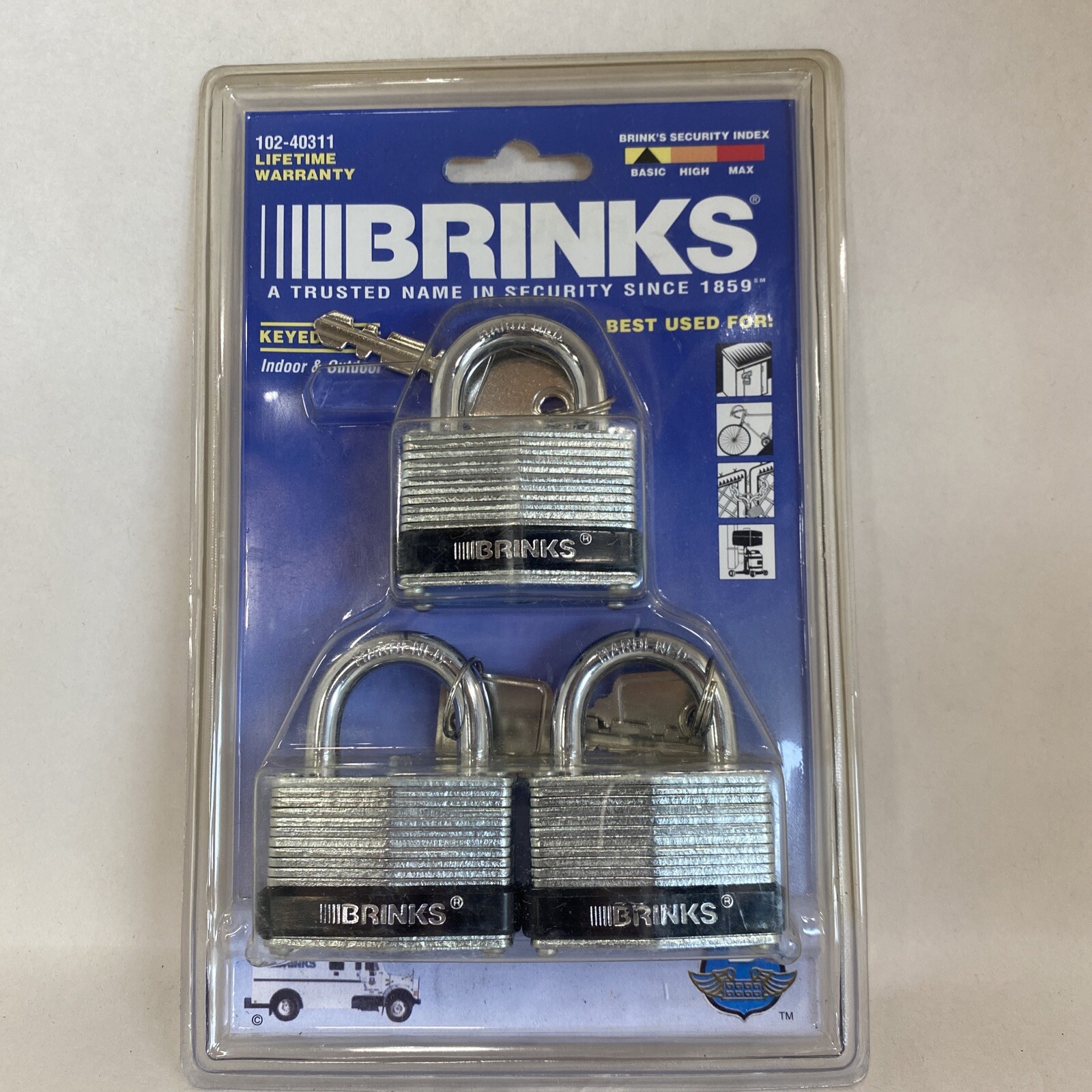 BRINKS 165-40311 Keyed Alike Padlock, Lam. Steel, 40mm 3PK, Packaging Varies