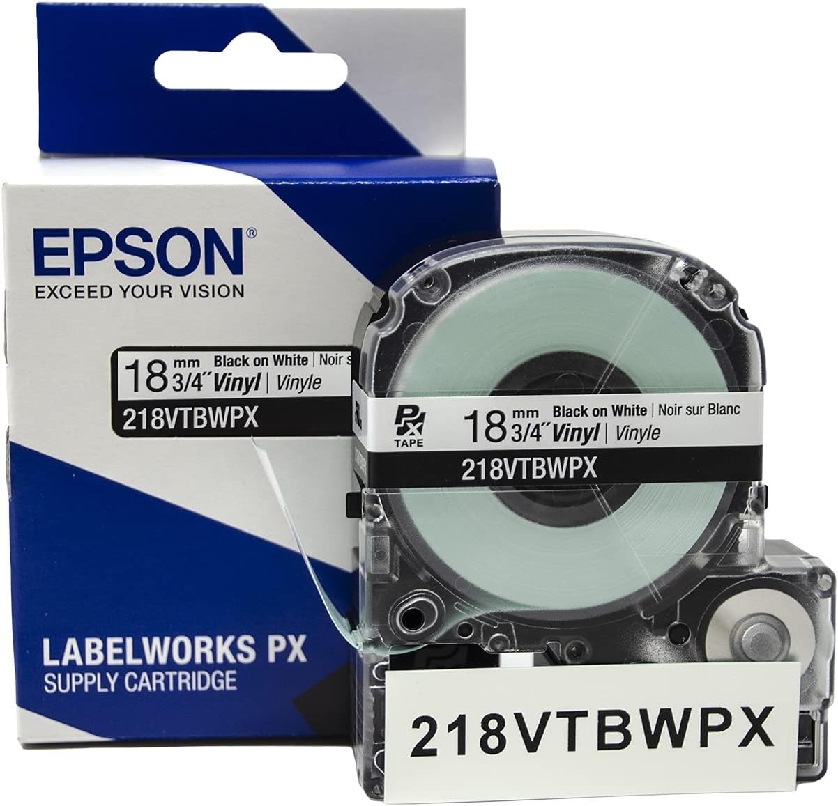 Epson LABELWORKS 218VTBWPX Black on White 3/4″ (18mm) Vinyl Label Tape