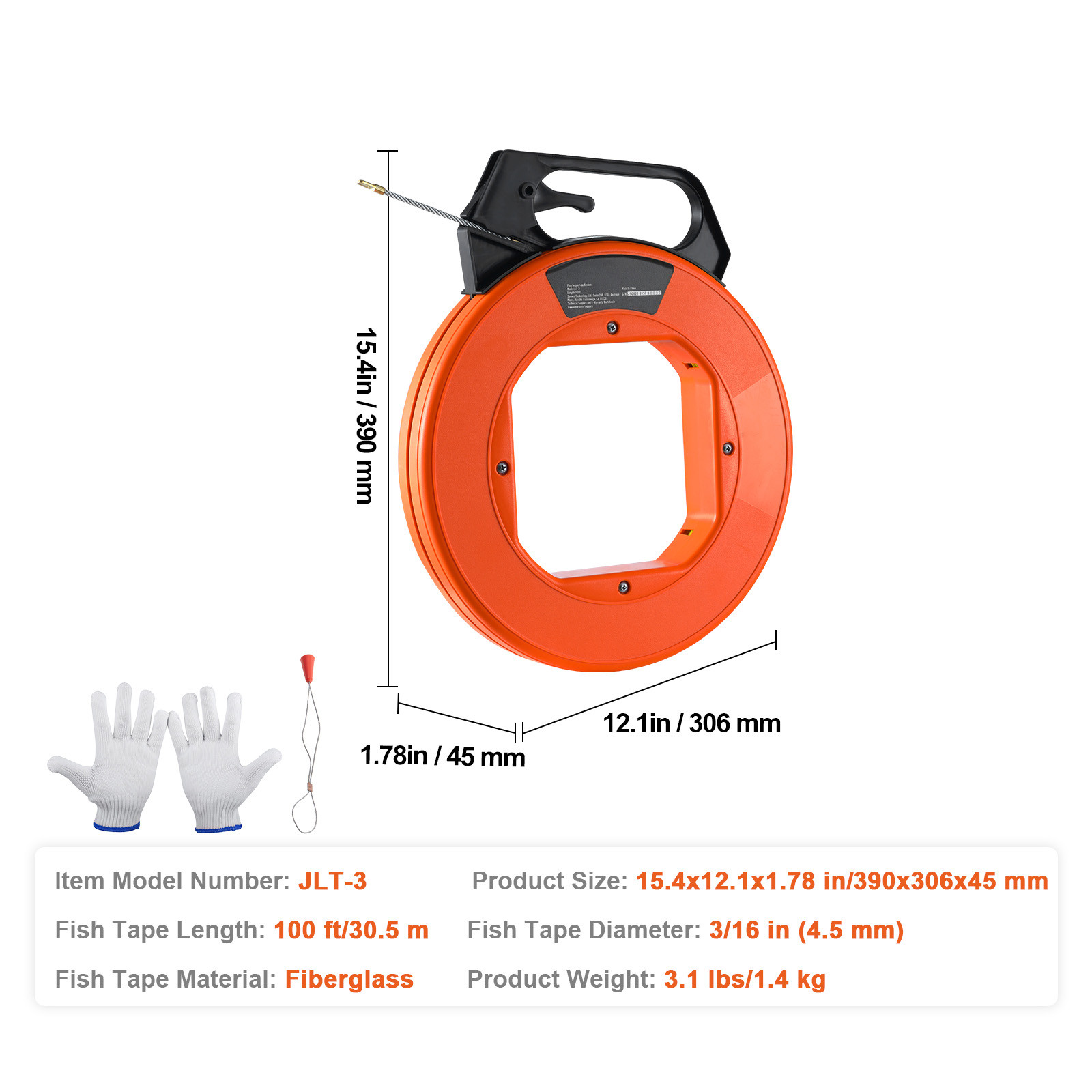VEVOR Fish Tape Wire Cable Line Puller 100ft 3/16in Fiberglass High Plastic Case