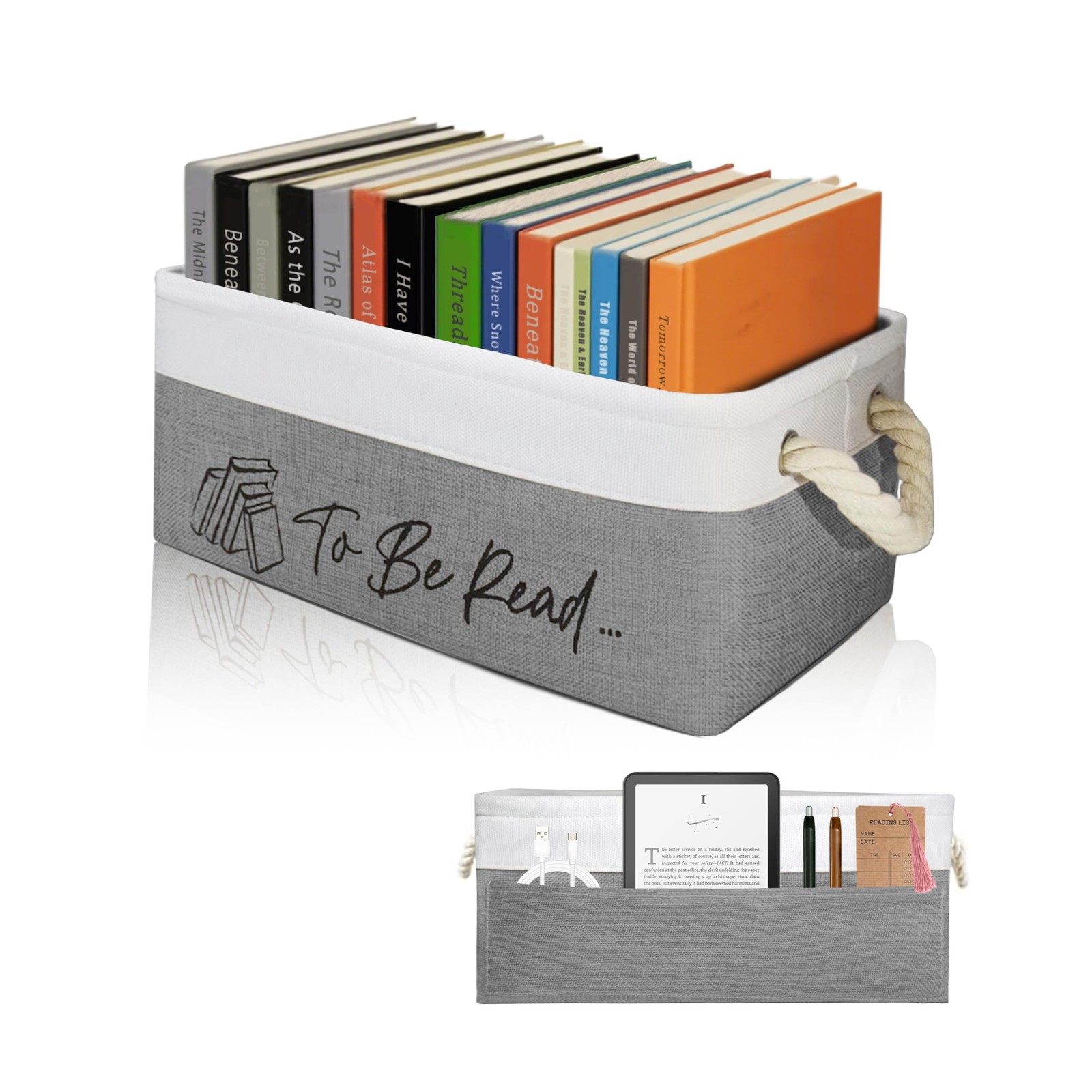 White/Grey TBR Book Storage Basket With Side Pocket Book Lover Gift Organizer