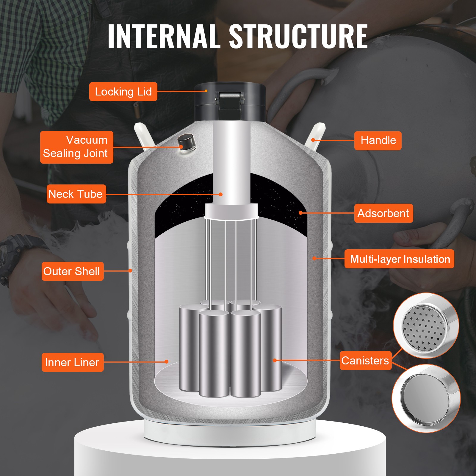 Liquid Nitrogen Tank 30 L Aluminum Alloy LN2 Container Dewar 6 Canisters