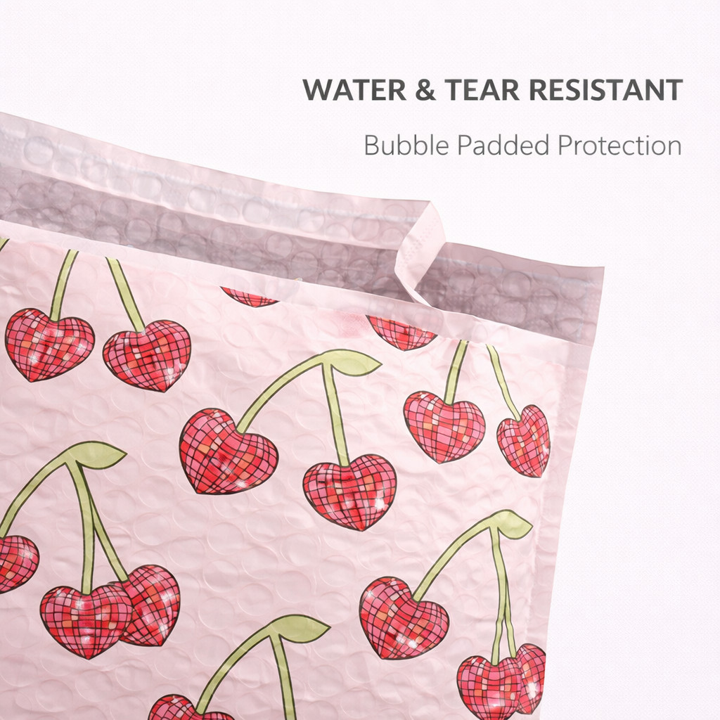 6.5×10 Disco Cherry Bubble Mailers Self Seal Easy Open Tear Strip Silver Lining