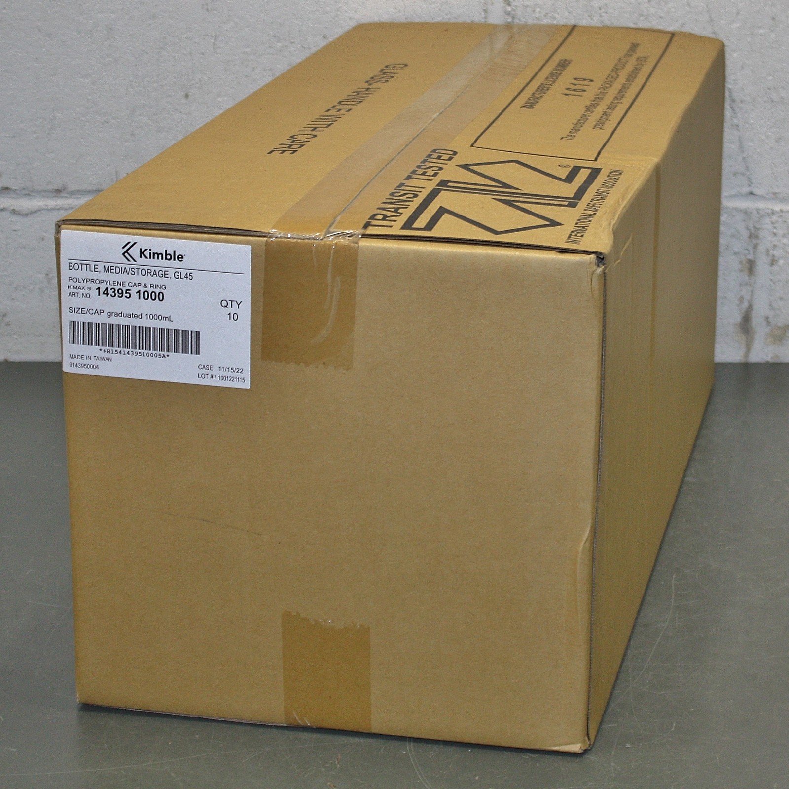 (10) Kimble Media Bottles 14395-1000, 1L / 1000mL, Borosilicate Glass, GL45 Cap