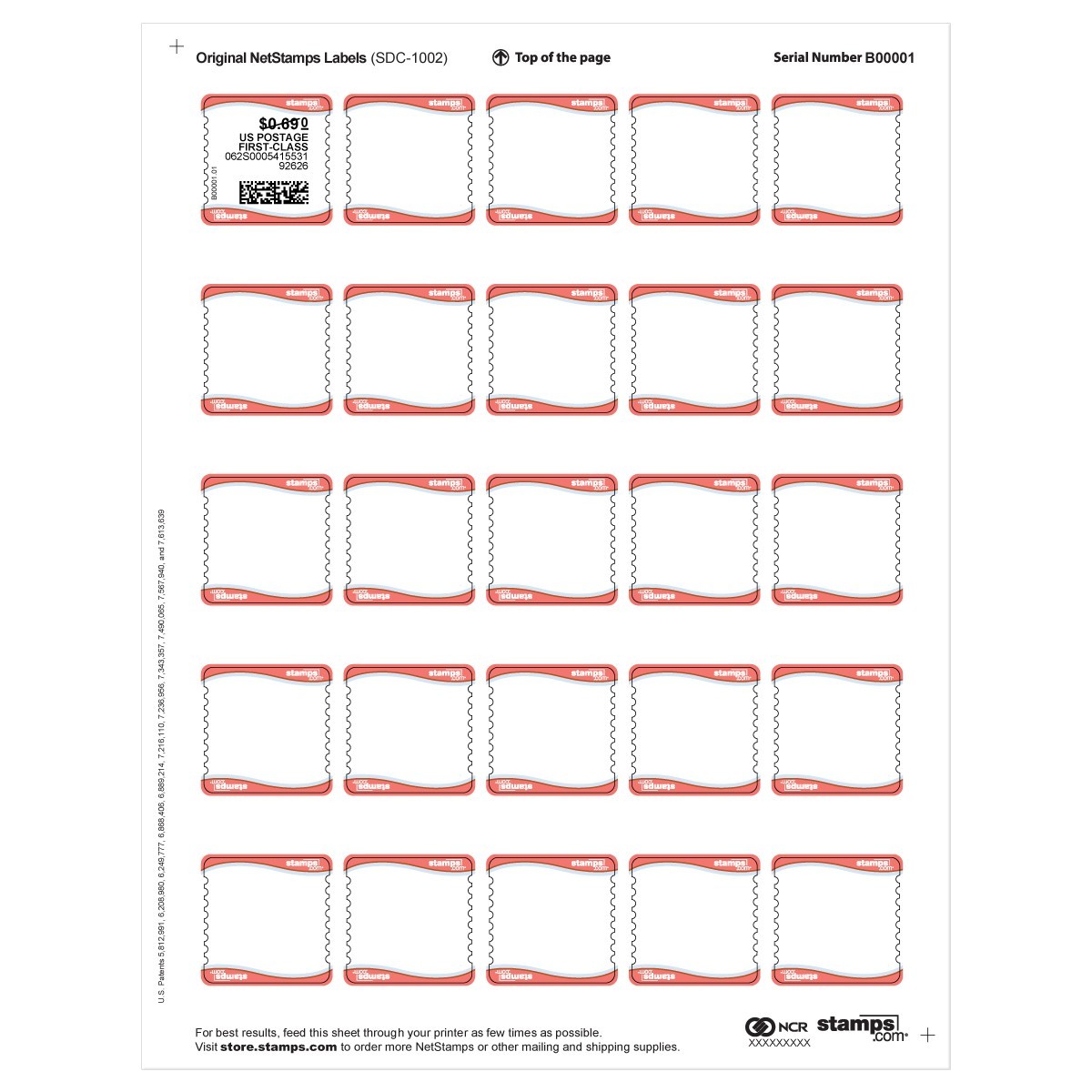 Stamps.com Original NetStamps Sheets 50 Pack | 1,250 Printable Postage Labels