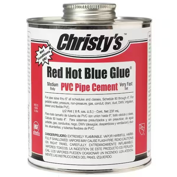 Christy’s Red Hot Blue Glue PVC Pipe Cement 4 oz Fast Set Adhesive