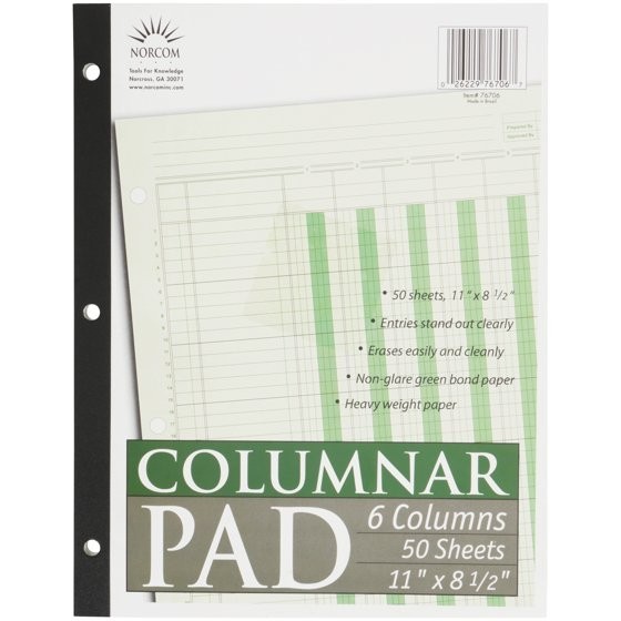 Norcom, Columnar Ledger Pad, 6 Columns, 8.5″ x 11″, Letter Size, 50 Sheets